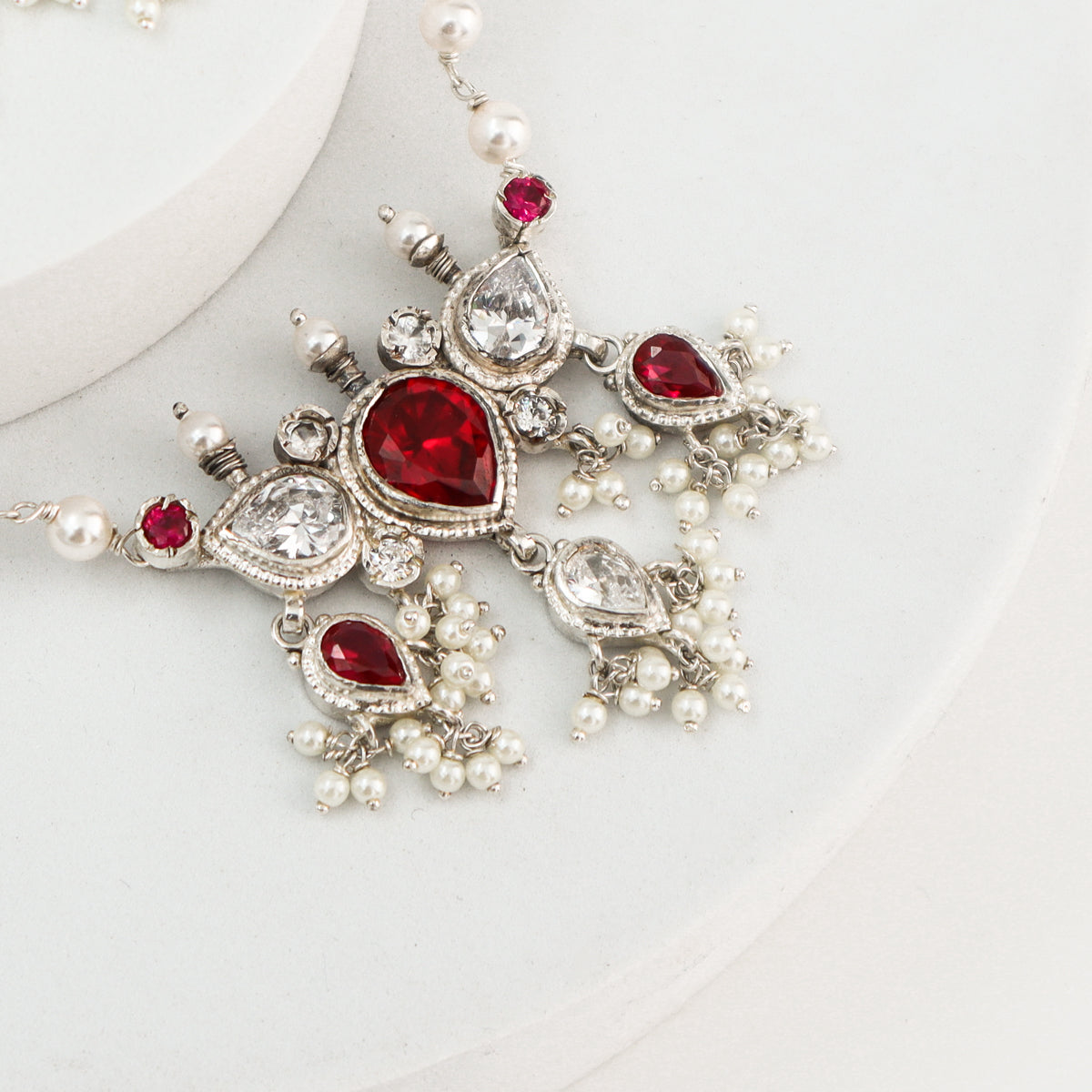 Silver Tanmani Set with Pink and CZ Stones