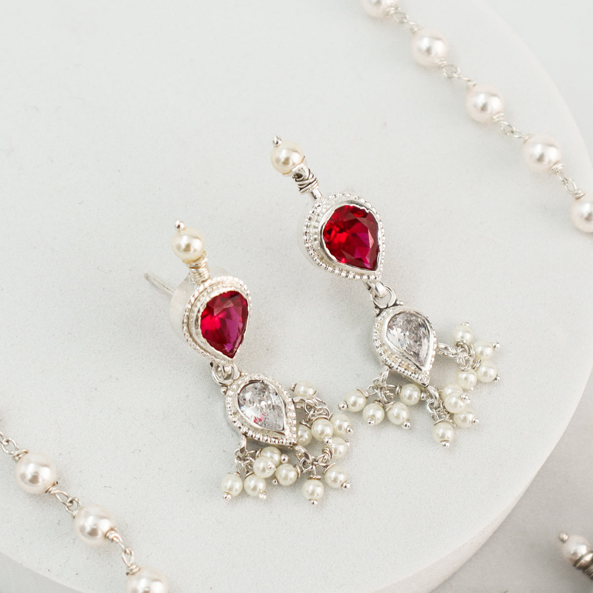 Silver Tanmani Set with Pink and CZ Stones