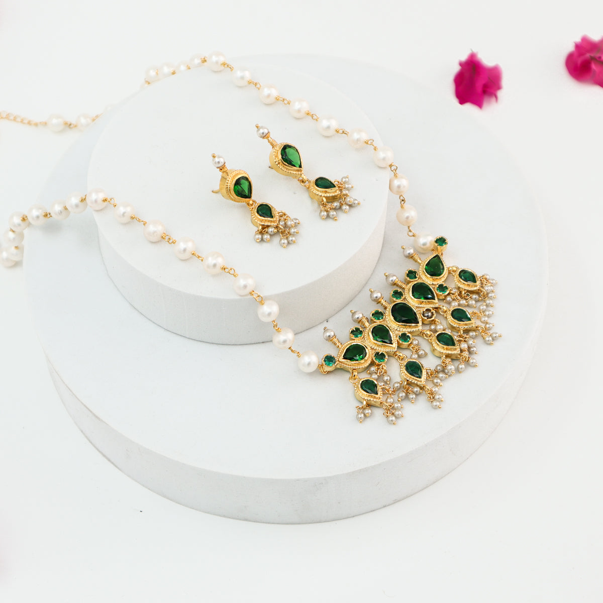 Silver Tanmani Set with Green Onyx (Gold Plating)
