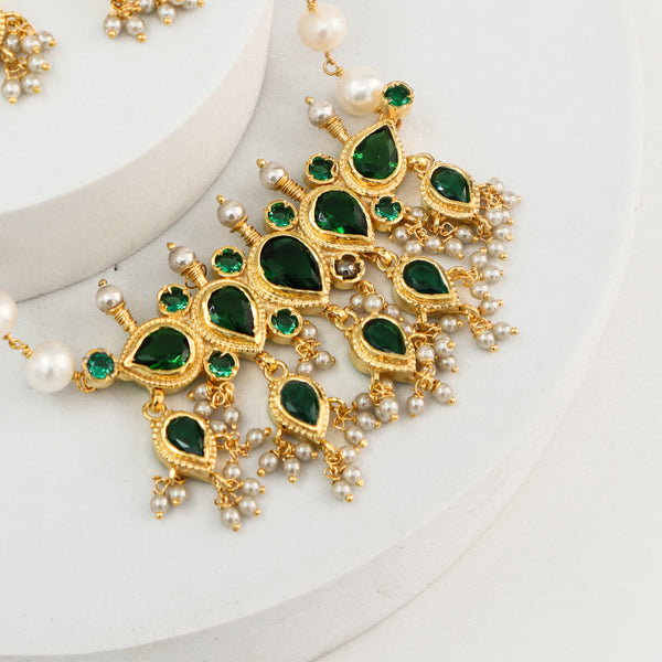 Silver Tanmani Set with Green Onyx | 92.5 Silver | 22K Gold Plated