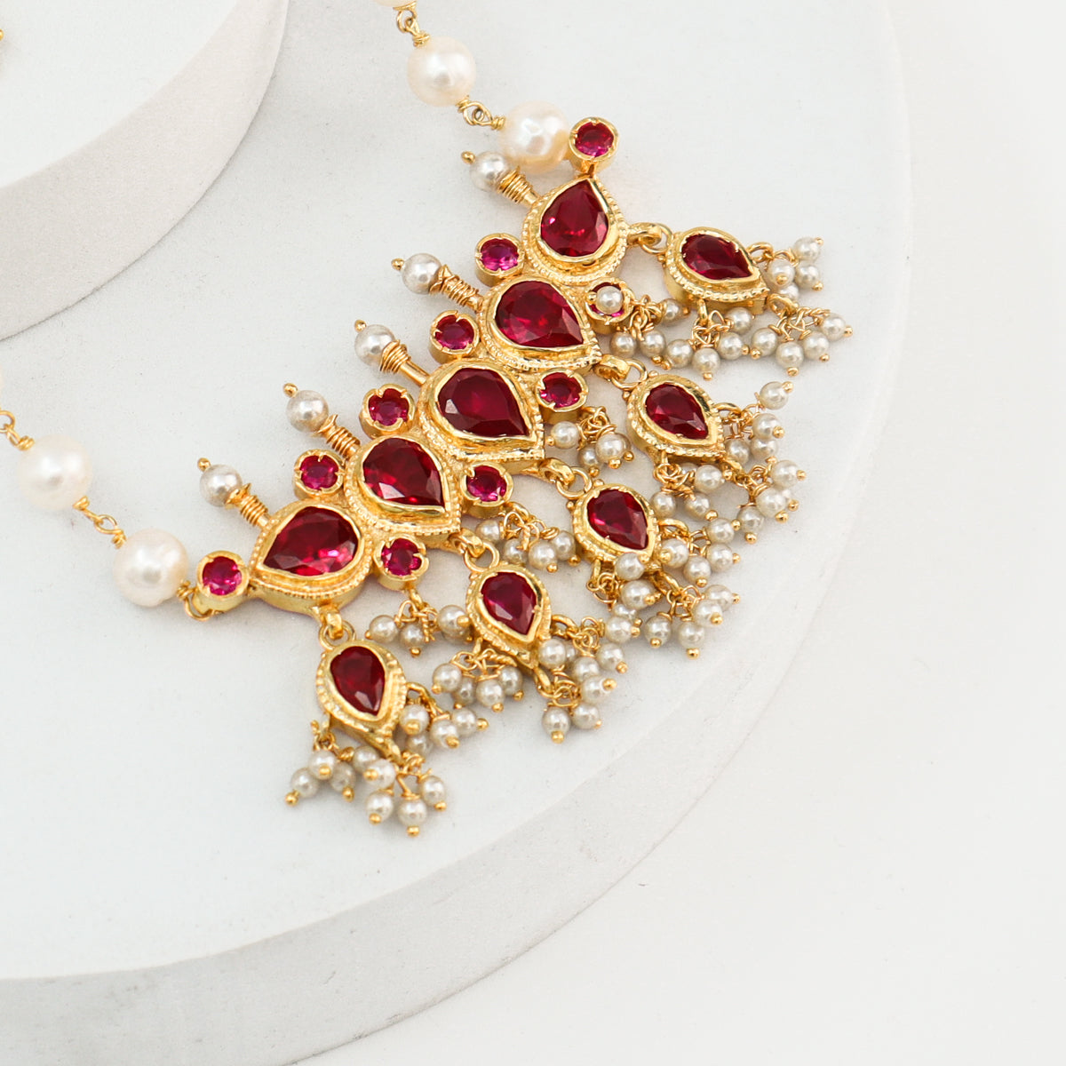 Silver Tanmani Set with Pink Stones (Gold Plating)