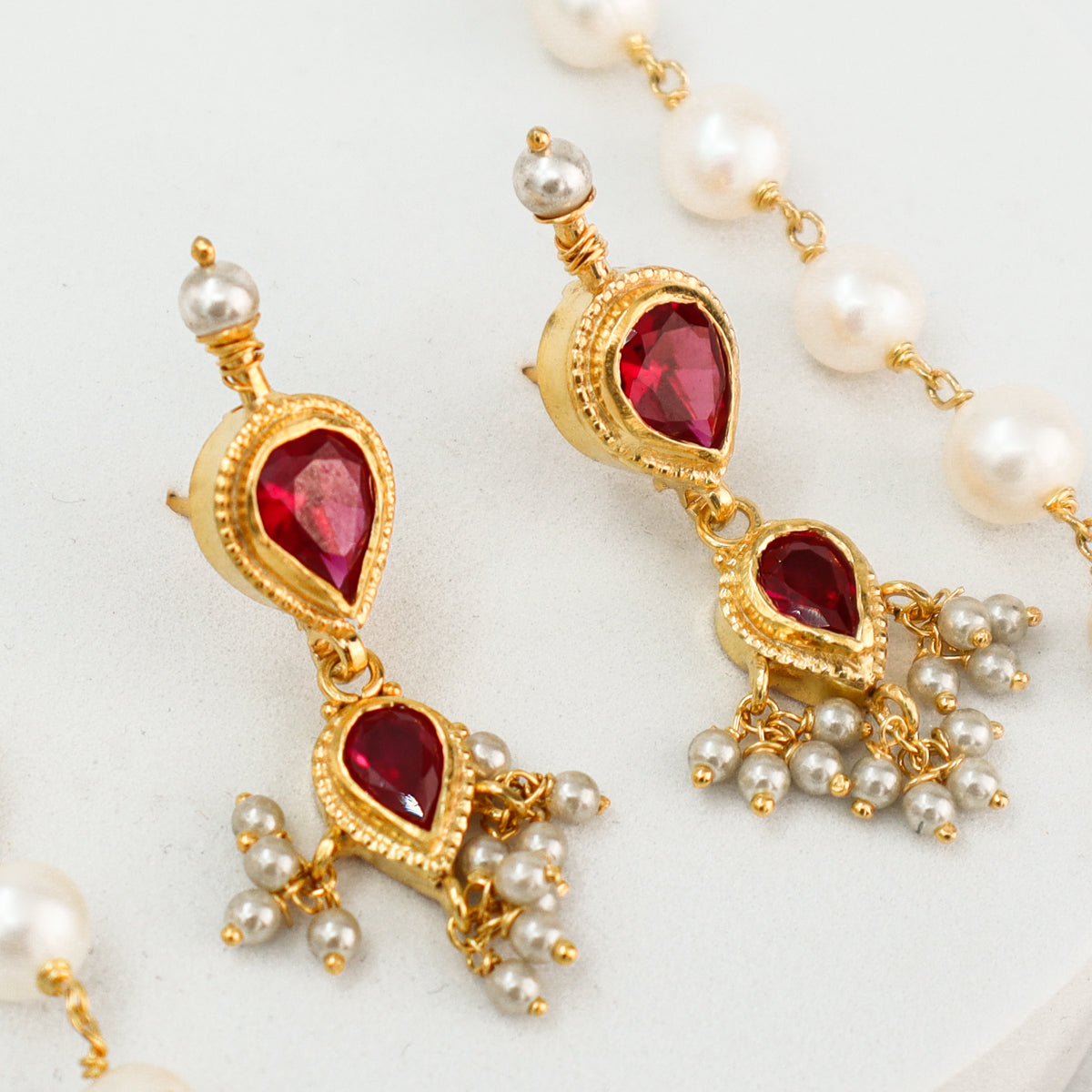 Silver Tanmani Set with Pink Stones (Gold Plating)