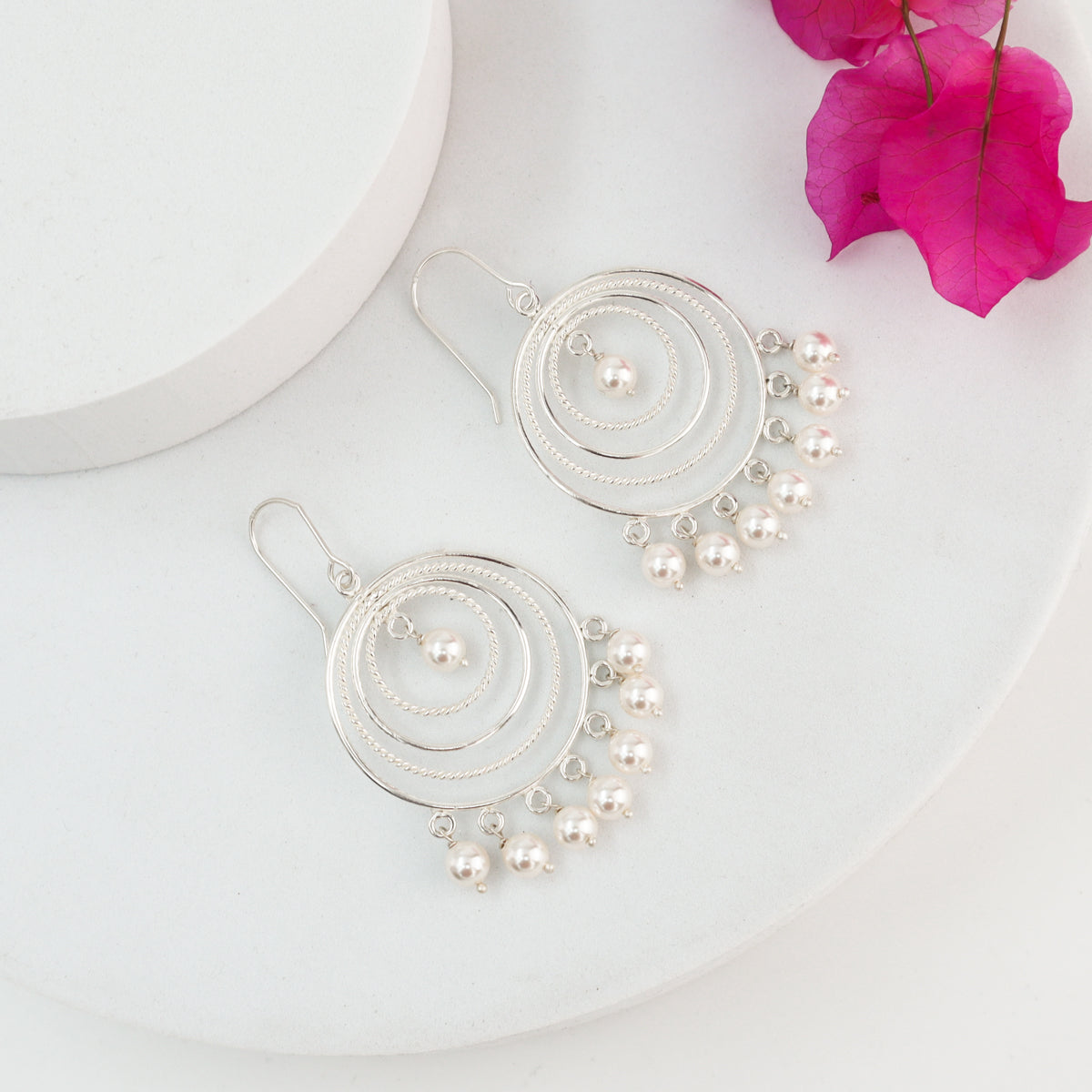 Silver Pearl Chandbali earrings with concentric circles and pearl drops