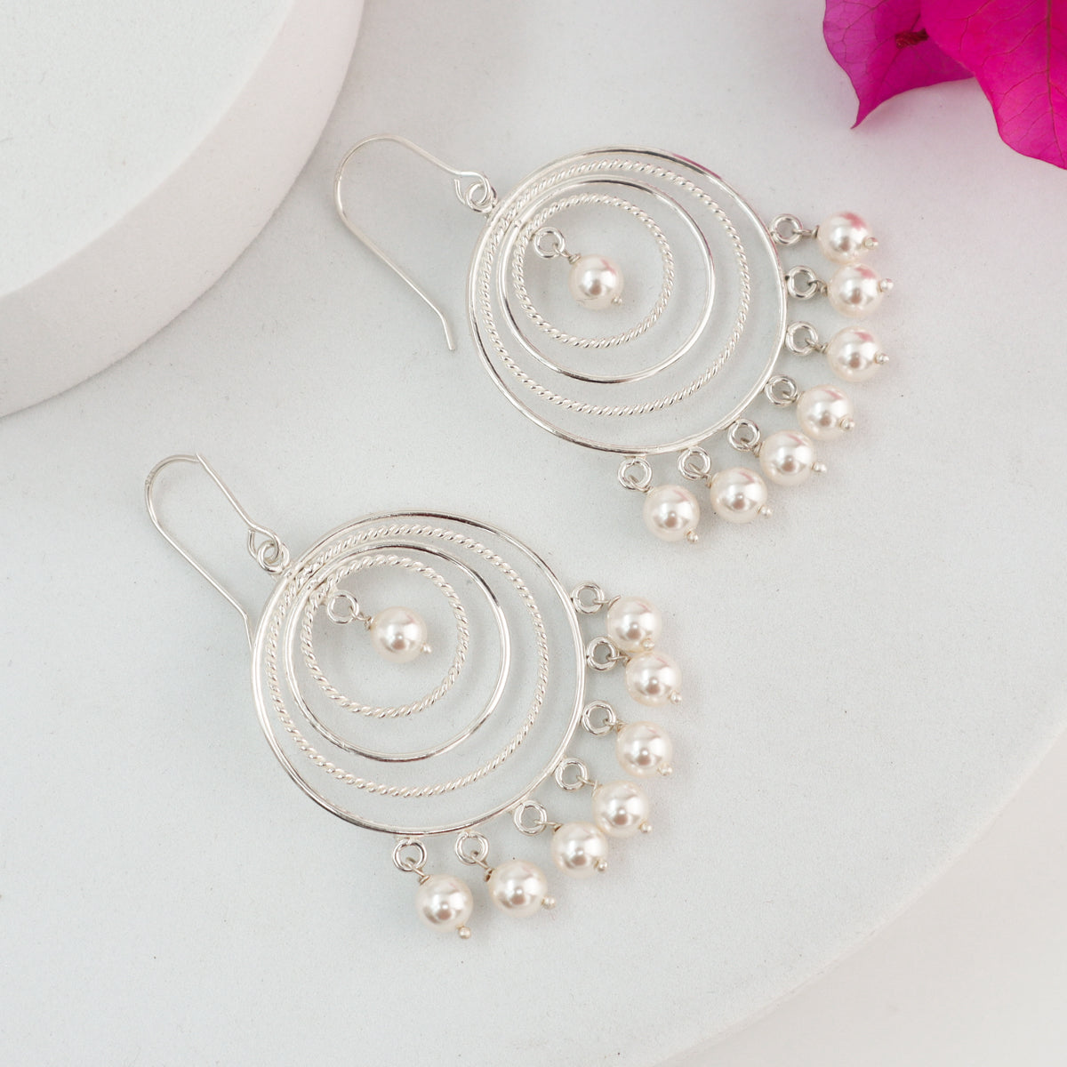 Silver Pearl Chandbali earrings with dangling pearls