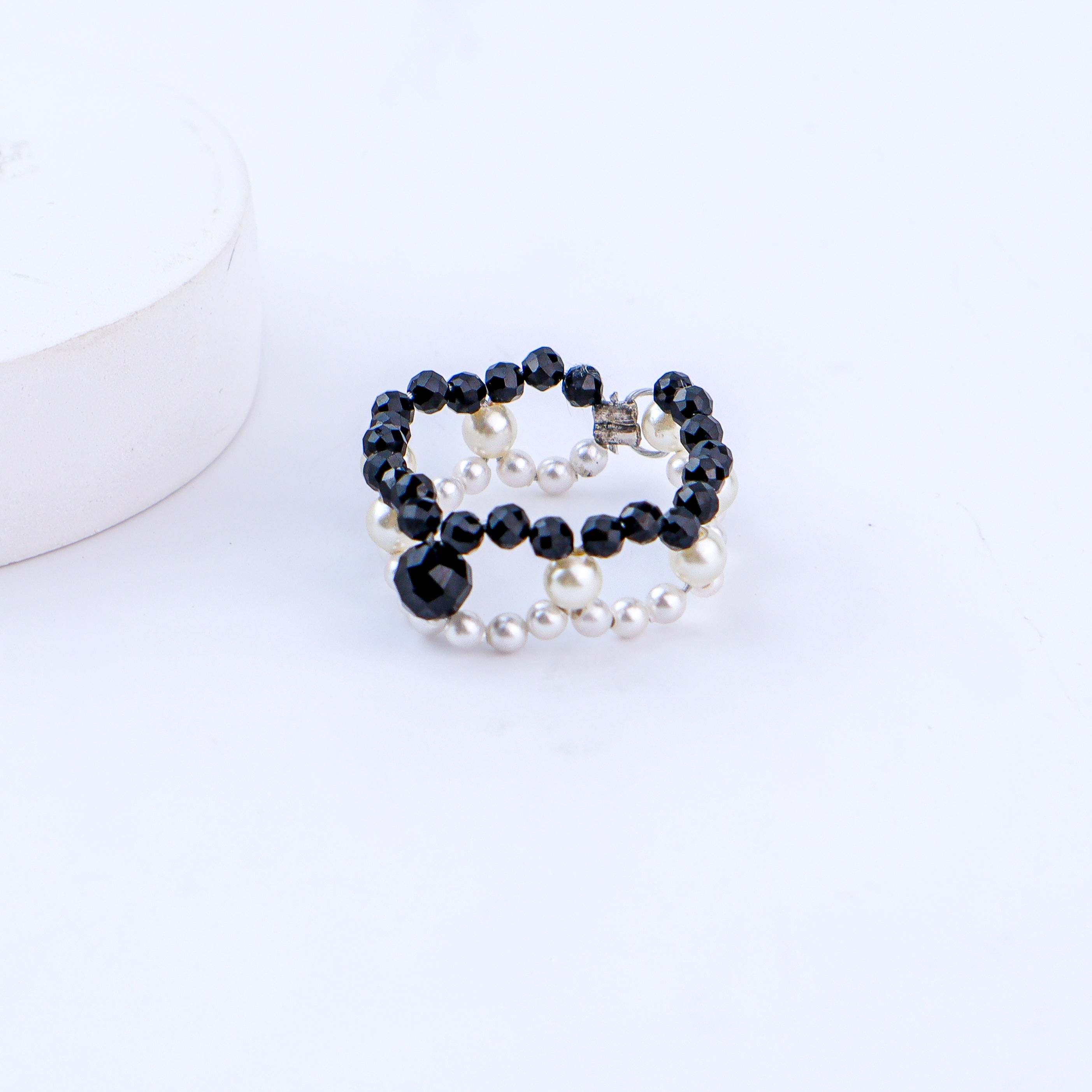 Silver Pearl Ring with Black Spinel
