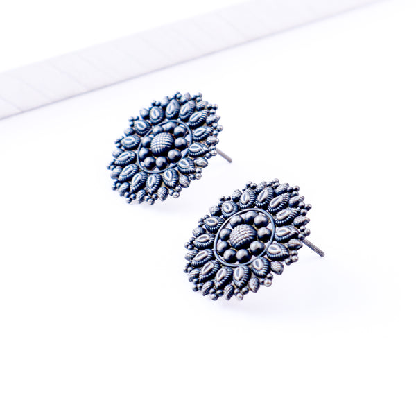 Close-up of Oxidized Nakshi Earrings with intricate detailing