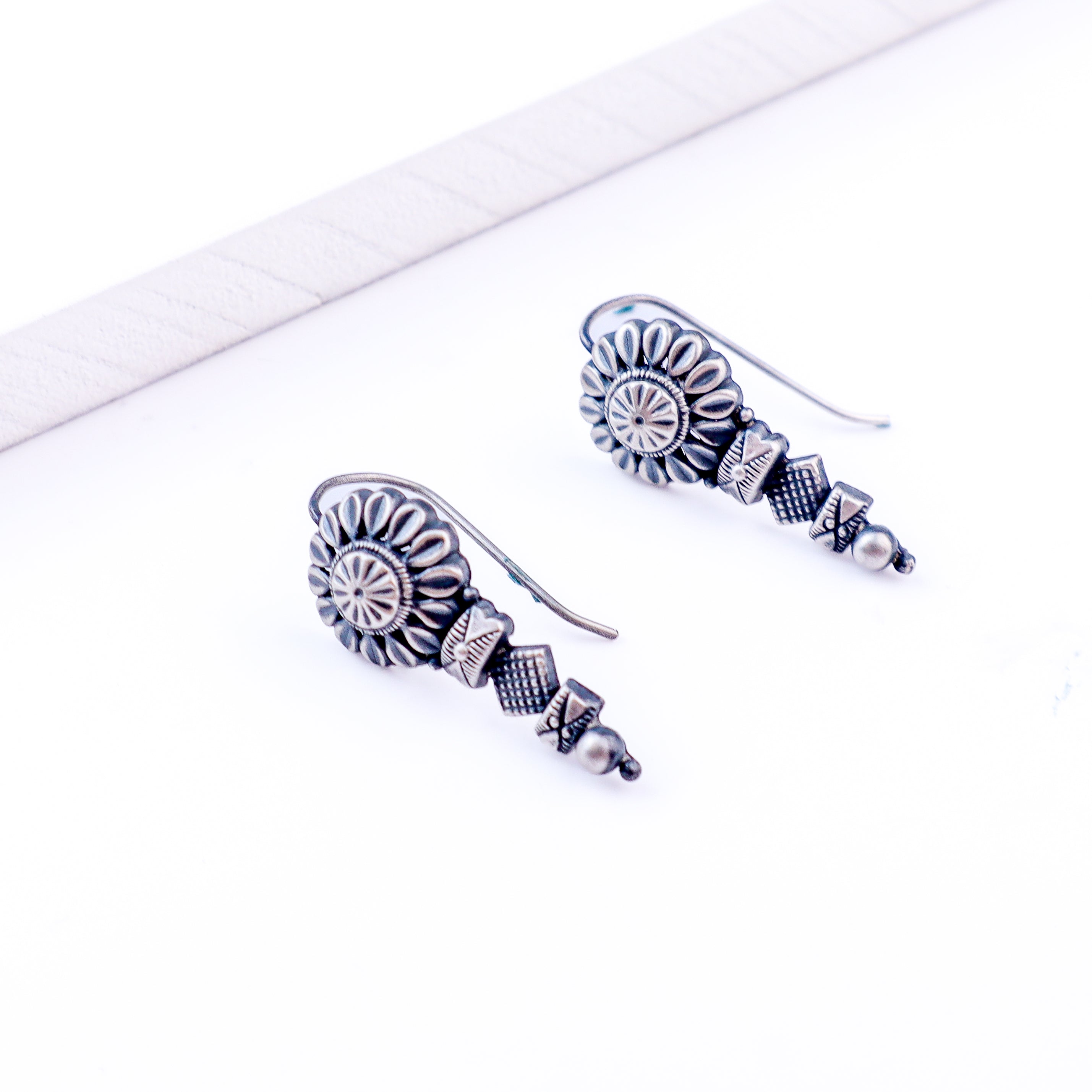 Oxidized Tribal Flower Drop Earrings