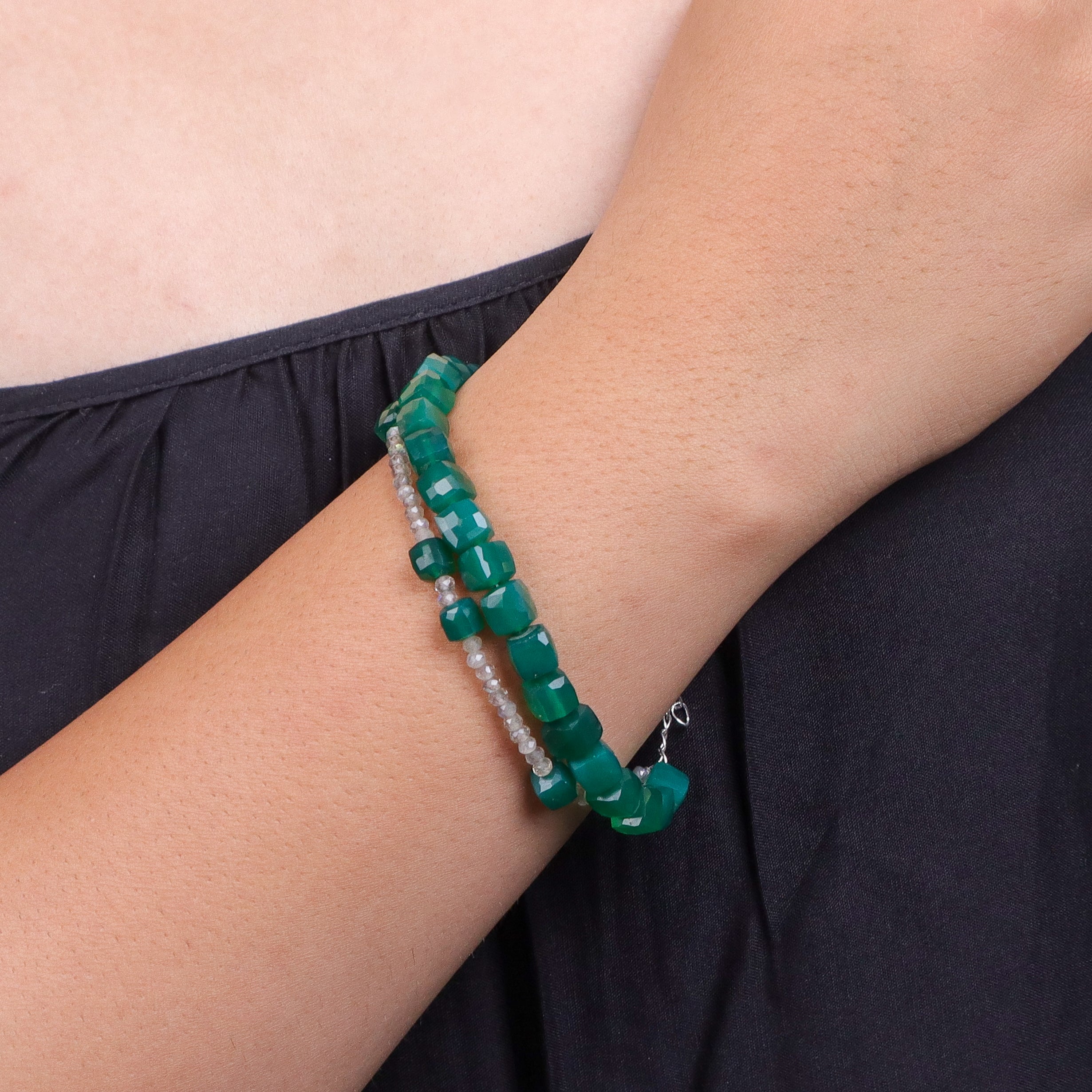 Green Onyx & Labradorite Silver Bracelet (Project Handmade)
