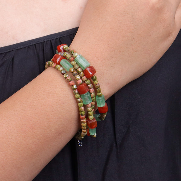 Unakite, Russian Quartz & Carnelian Silver Bracelet (Project Handmade)