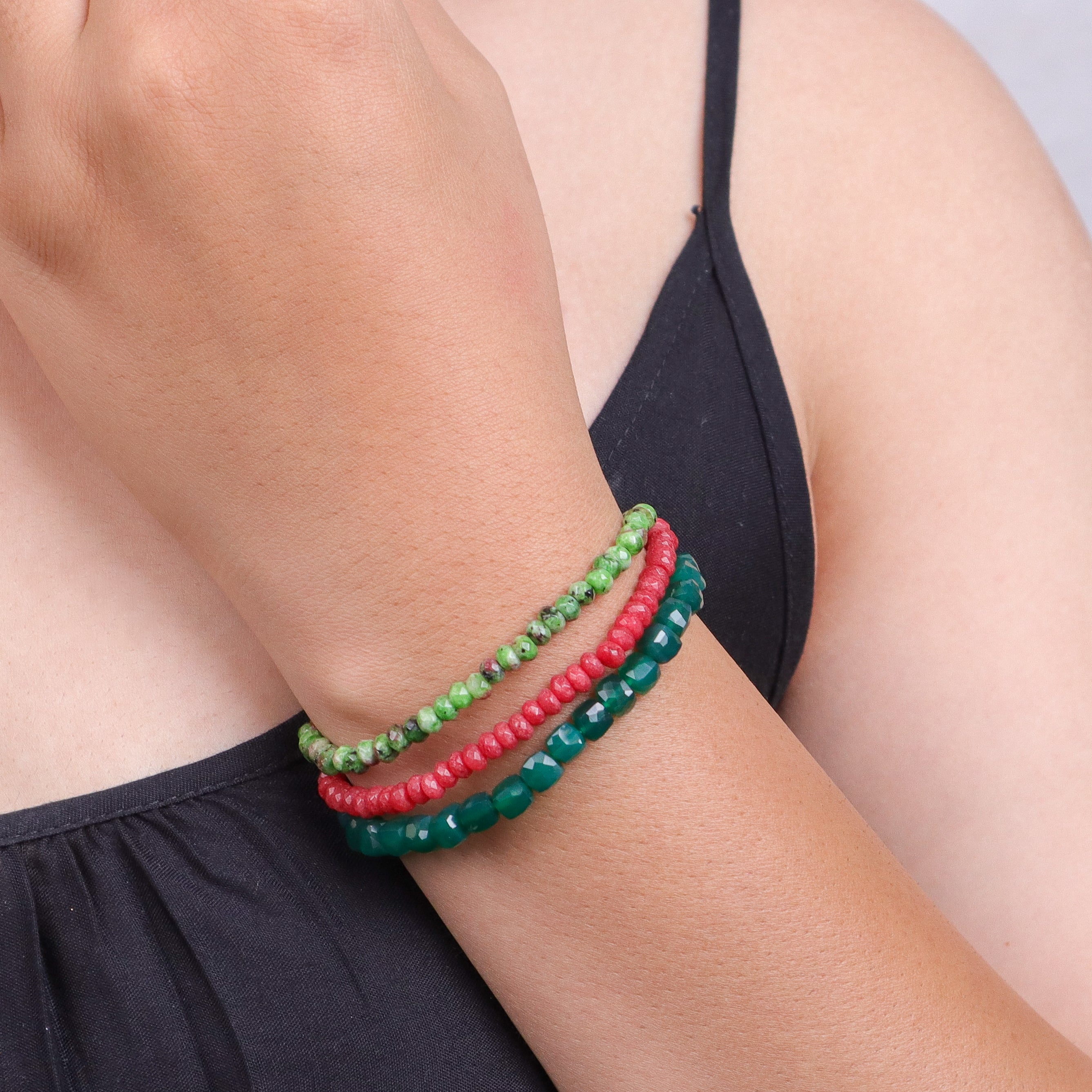 Green Onyx, Red & Green Jade Silver Bracelet (Project Handmade)