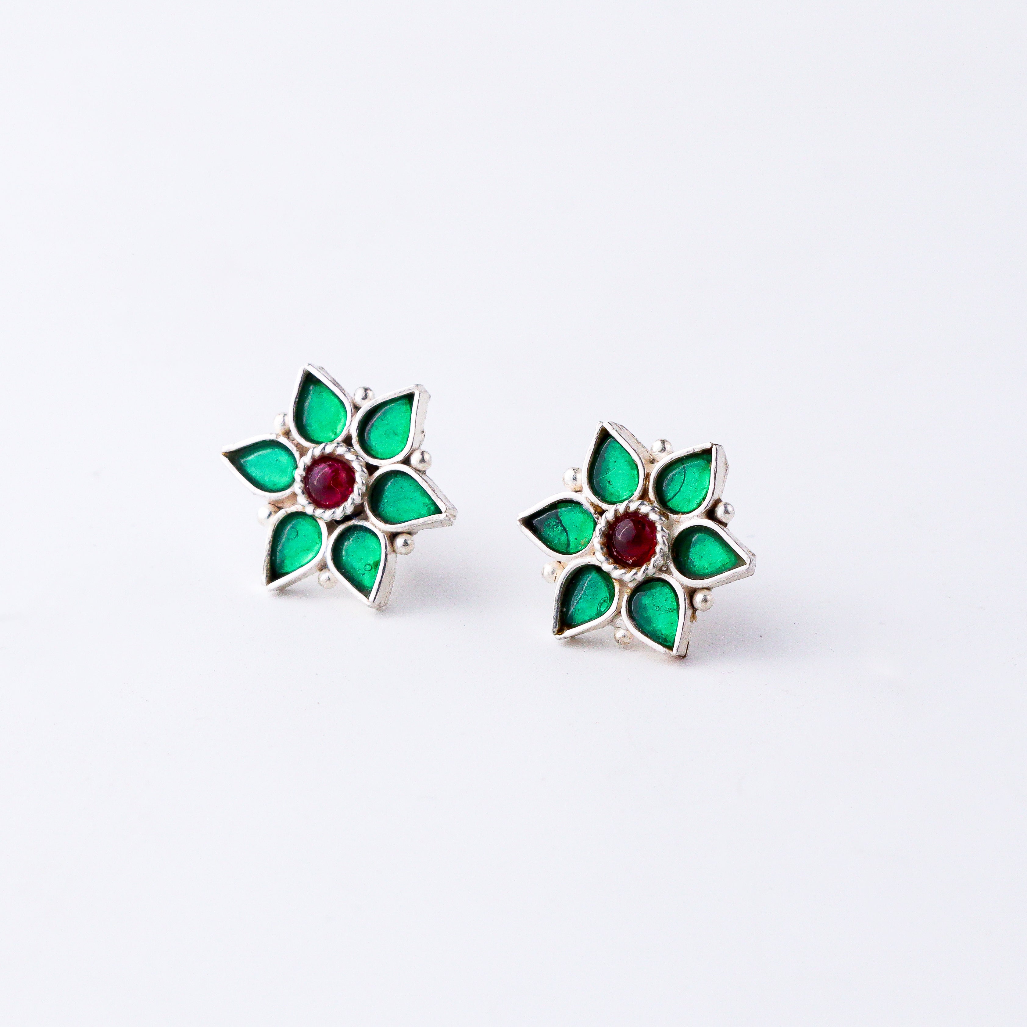 Silver Green Nakshatra Flower Earring