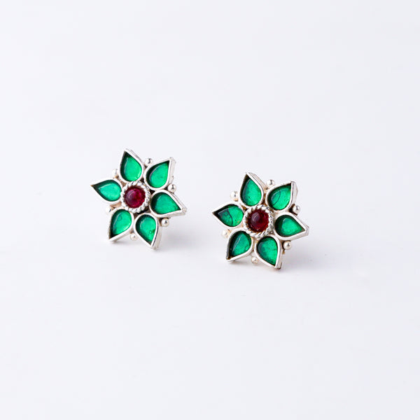Silver Green Nakshatra Flower Earring