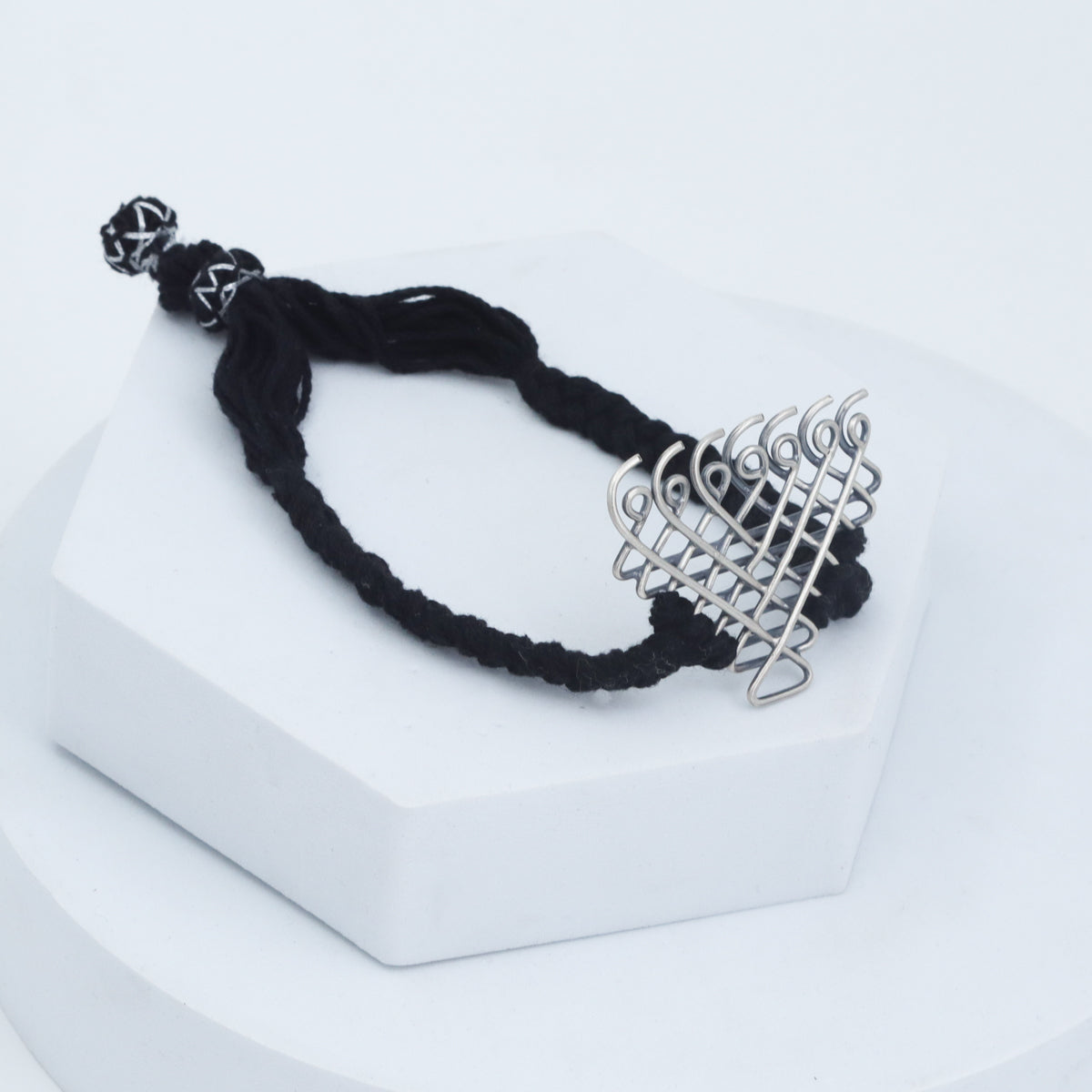 Silver Saraswati Bracelet for Men with Black Thread ( Motif size : Big )