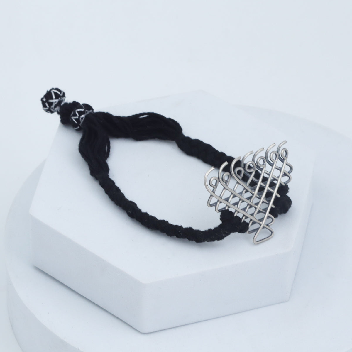 Silver Saraswati Bracelet for Men with Black Thread ( Motif size : Big )