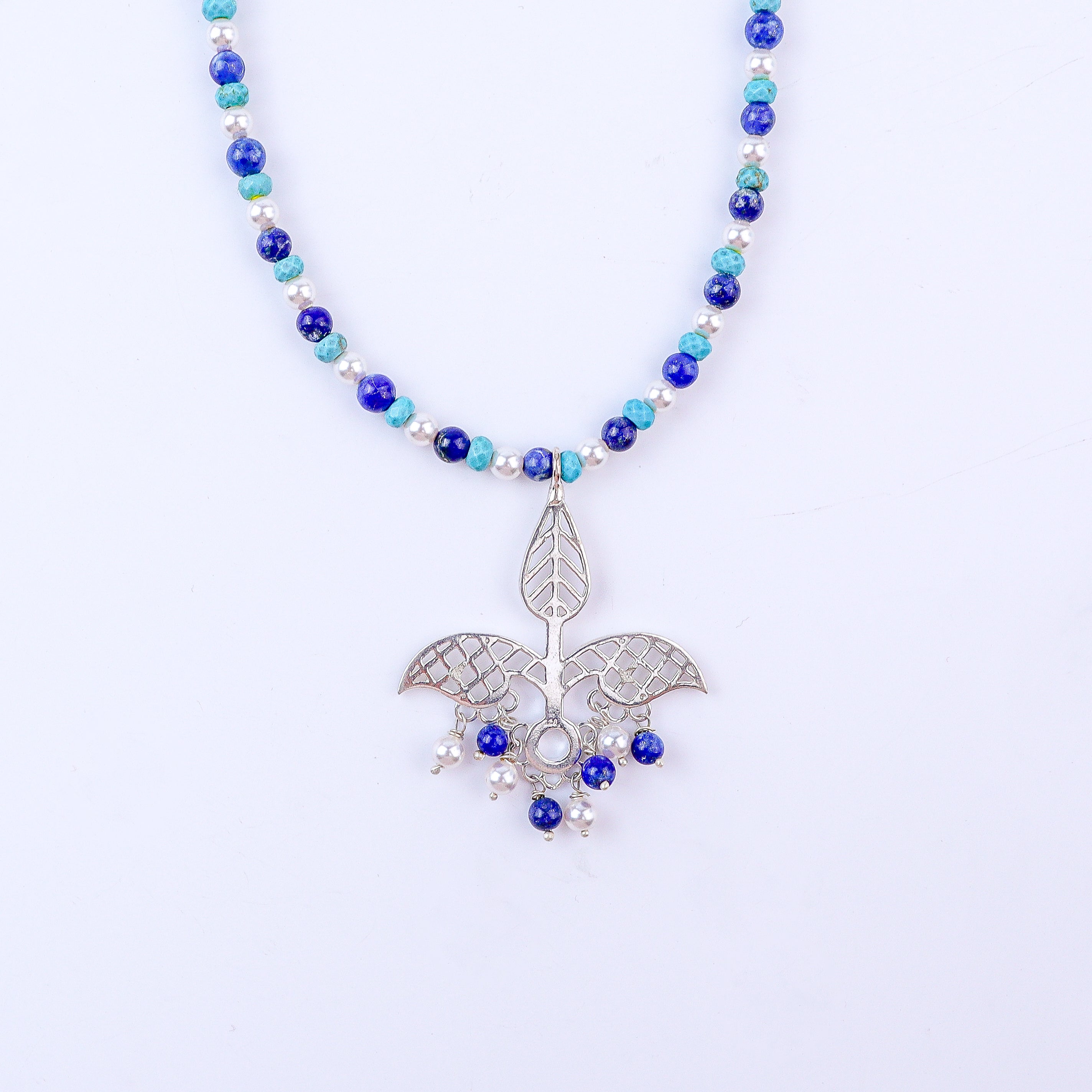 Leaf Filigree Pendant Necklace with Semiprecious Stones