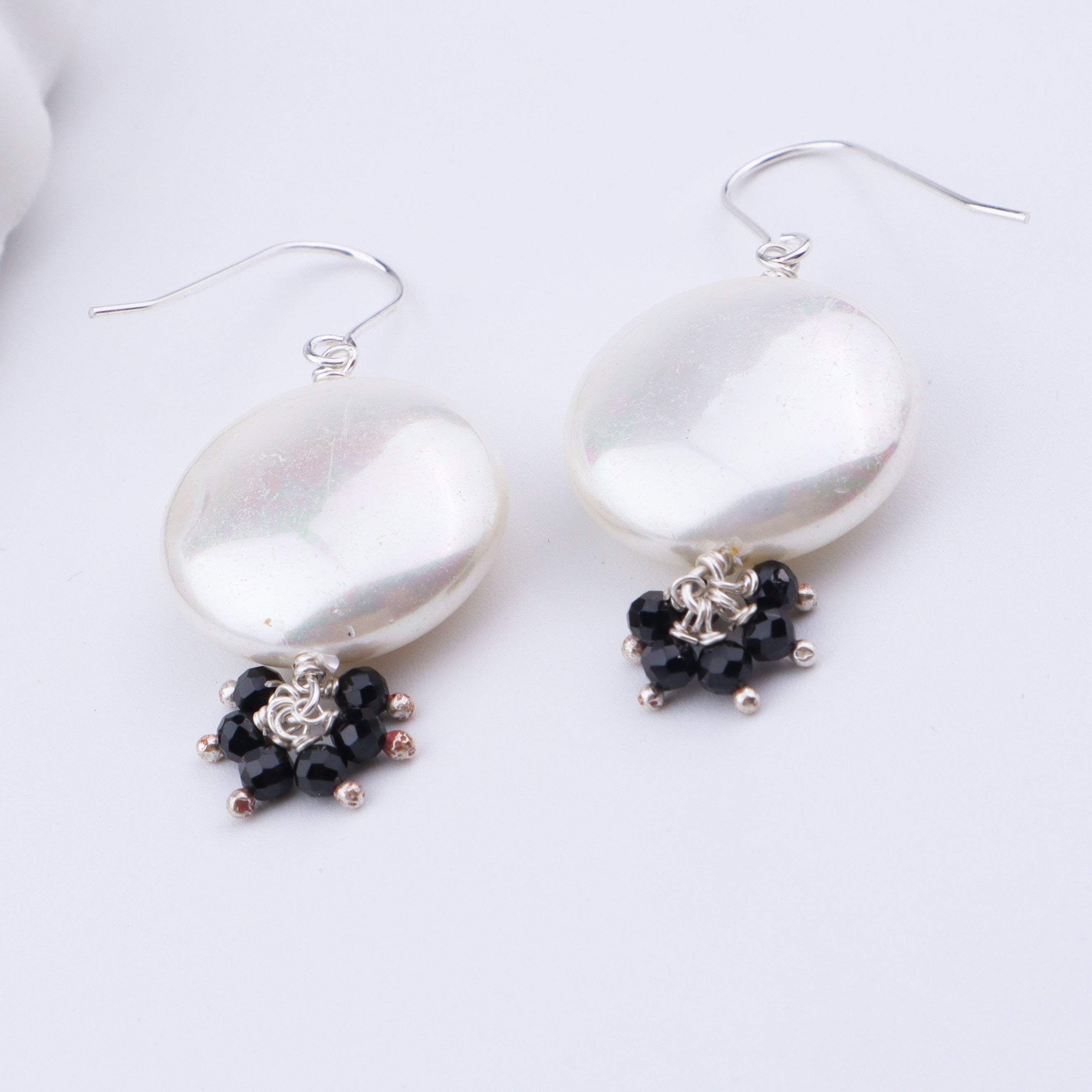 Coin Pearl Earrings with Black Spinels