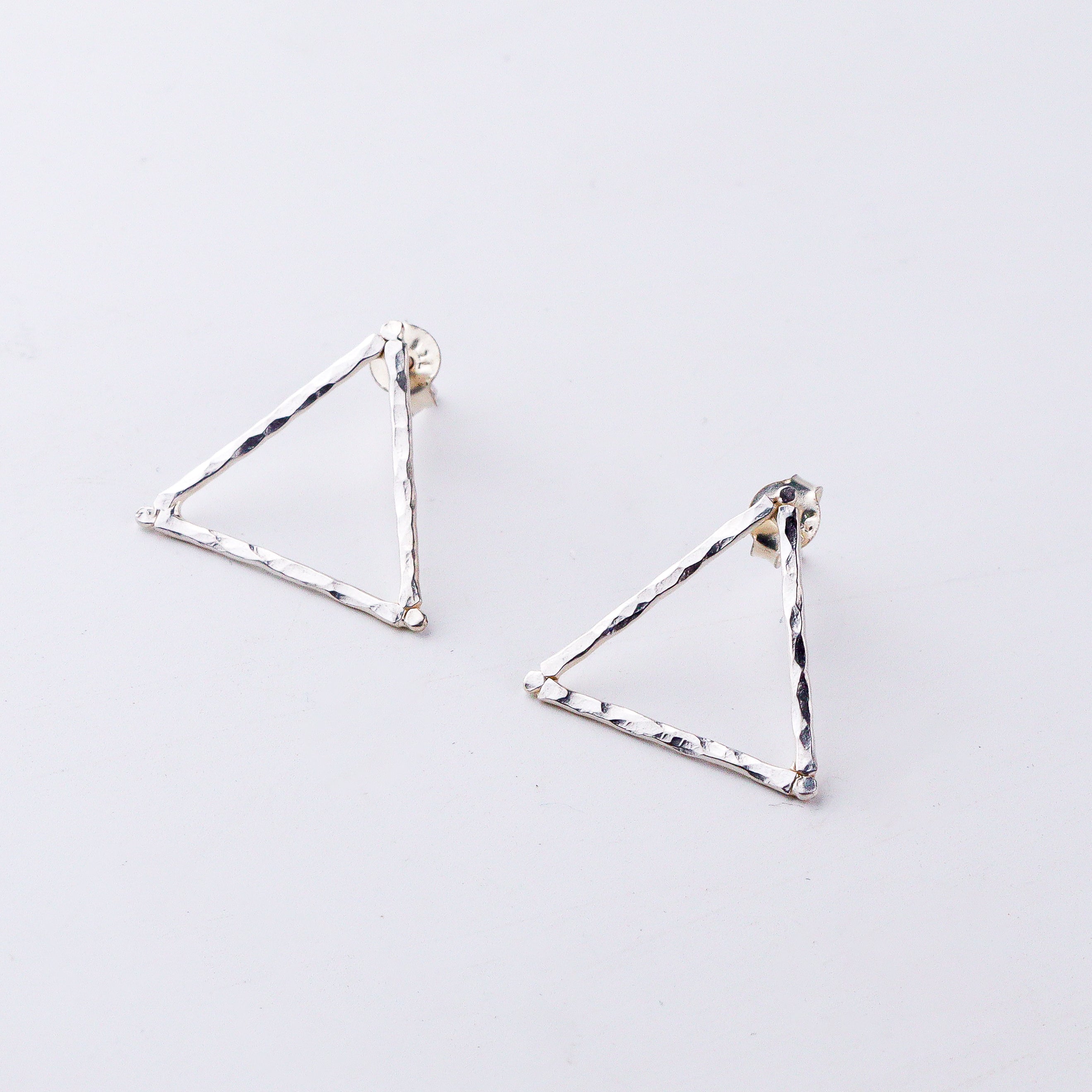 Handcrafted hammered silver triangle earrings polished finish