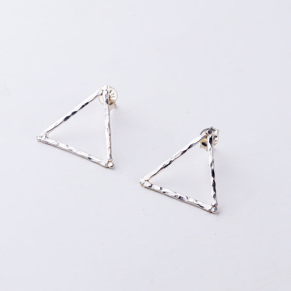 Handcrafted hammered silver triangle earrings polished finish