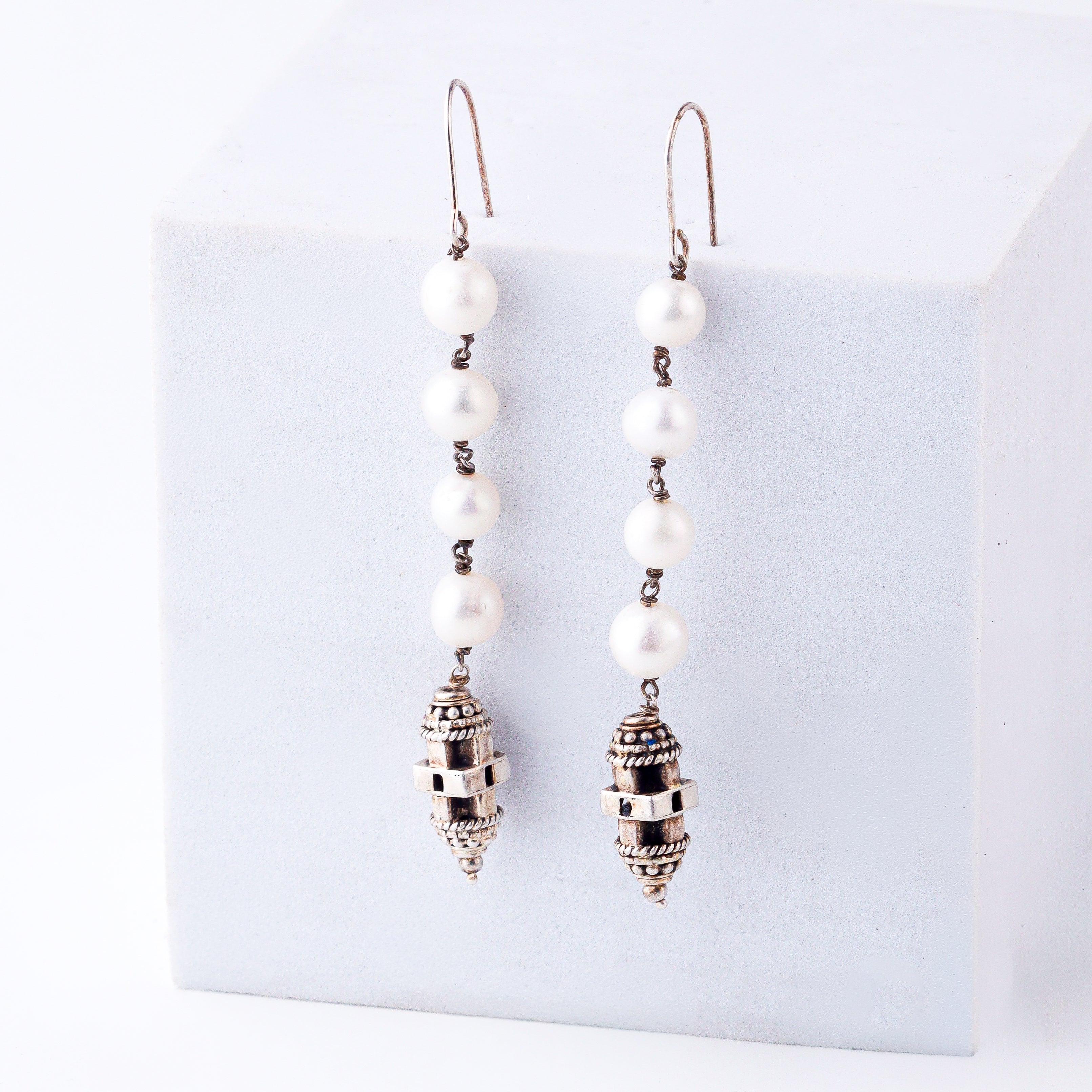 wear Silver Pendant Earrings with Carved Bead everyday look