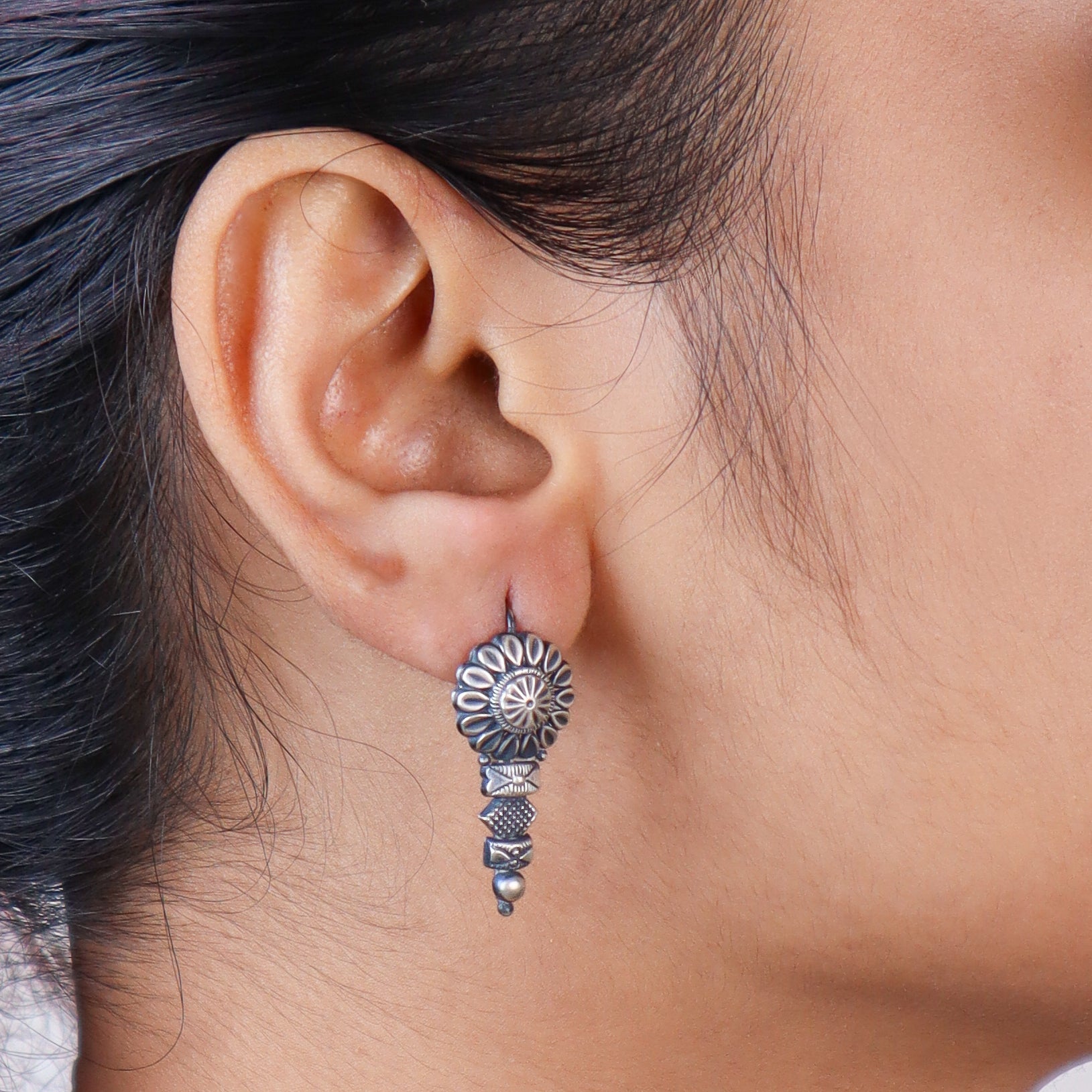 Oxidized Tribal Flower Drop Earrings