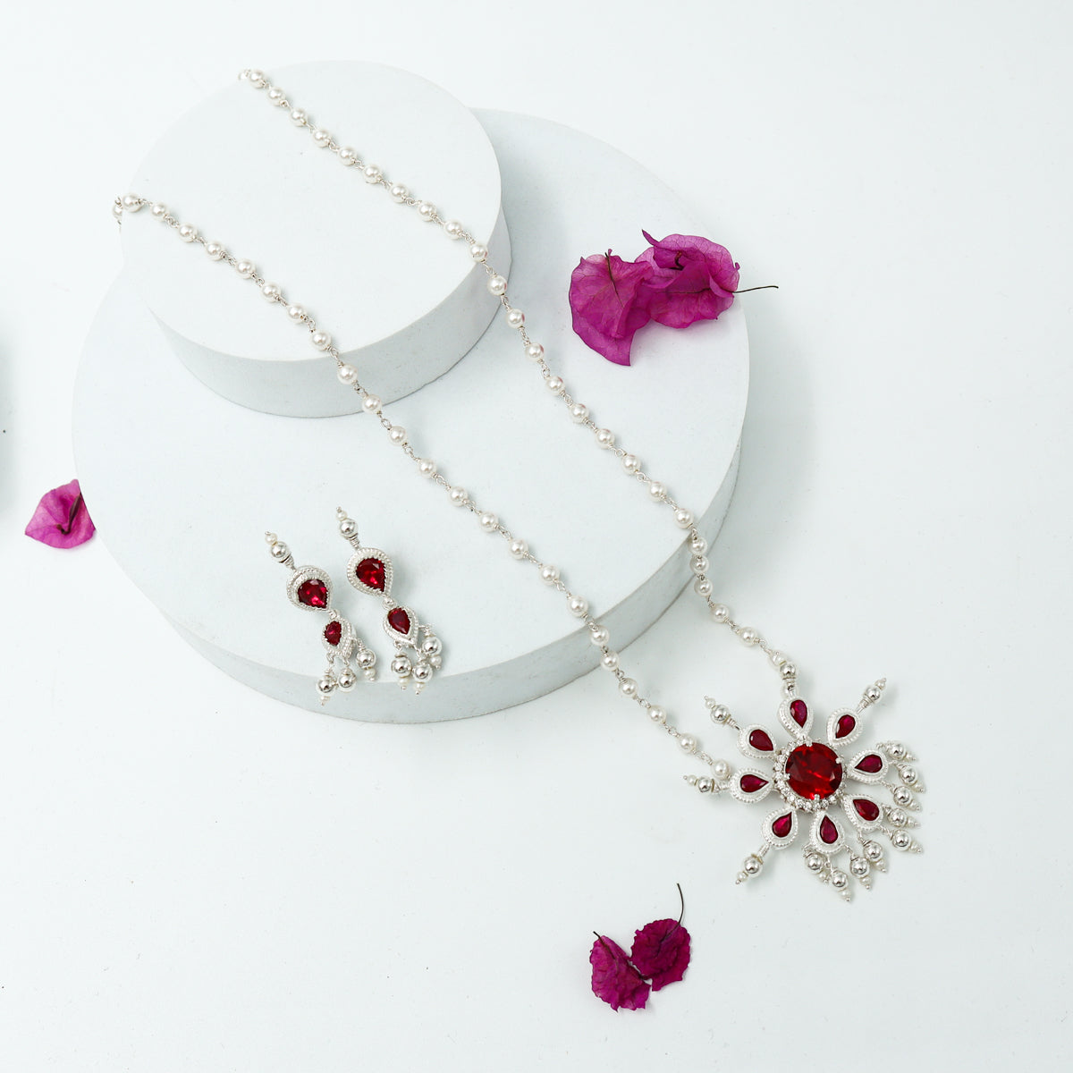 Silver Tanmani Pink Flower Pendant Set