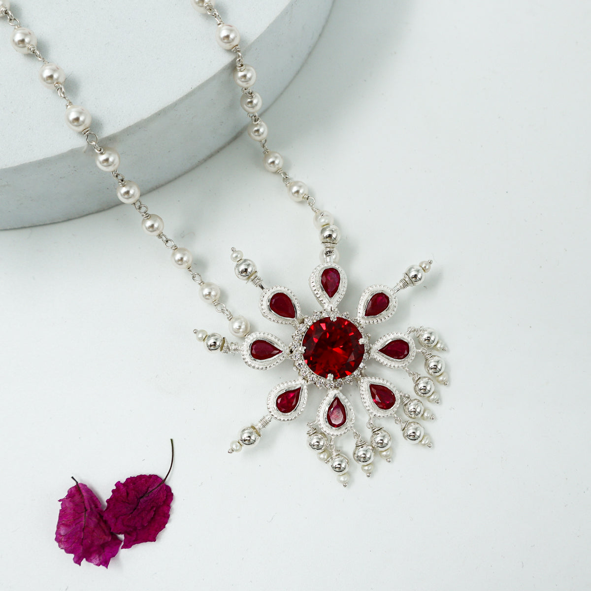 Silver Tanmani Pink Flower Pendant Set