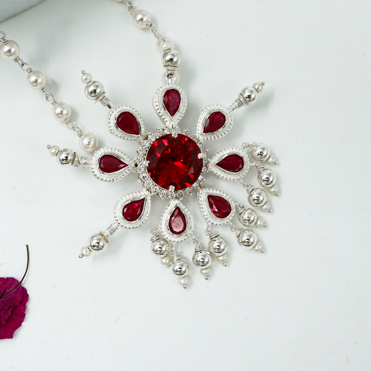 Silver Tanmani Pink Flower Pendant Set