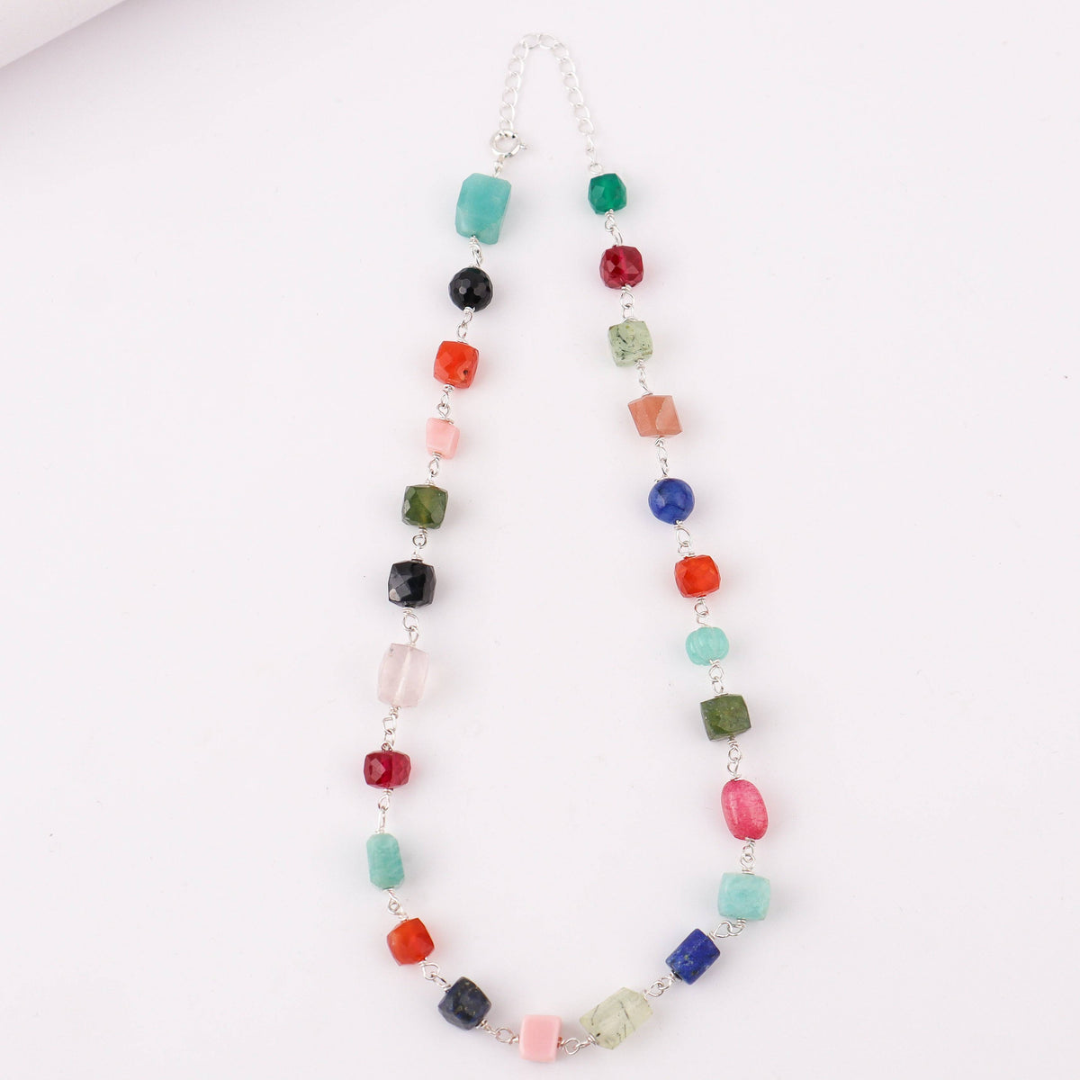Silver chain with multicolor gemstone beads, fashionable jewelry accessory