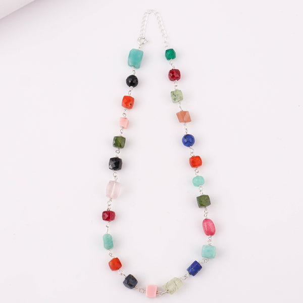 Silver chain with multicolor gemstone beads, fashionable jewelry accessory