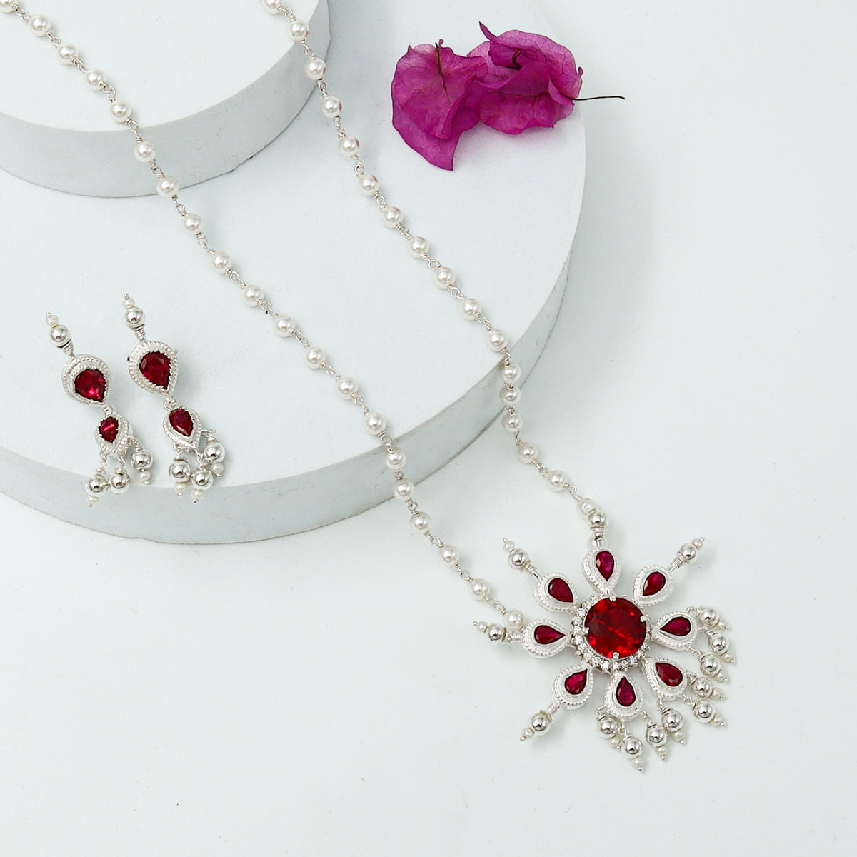 Silver Tanmani Pink Flower Pendant Set