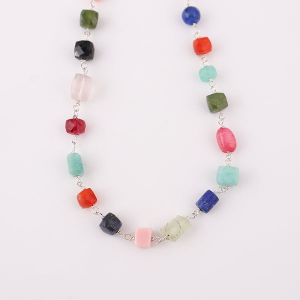 Colorful gemstone necklace with silver links