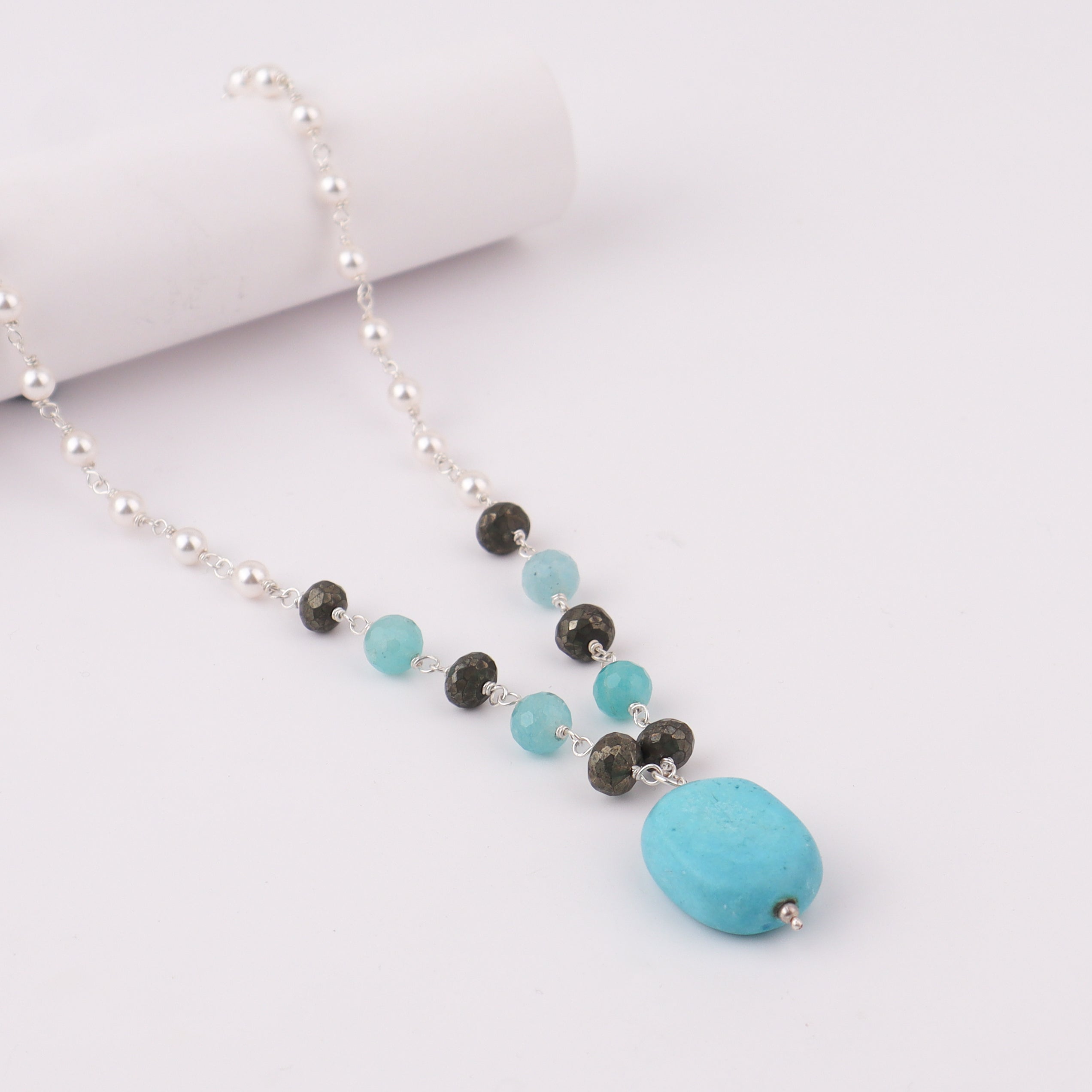 Silver Pearl Ganthan Necklace with Pyrite and Terquoise
