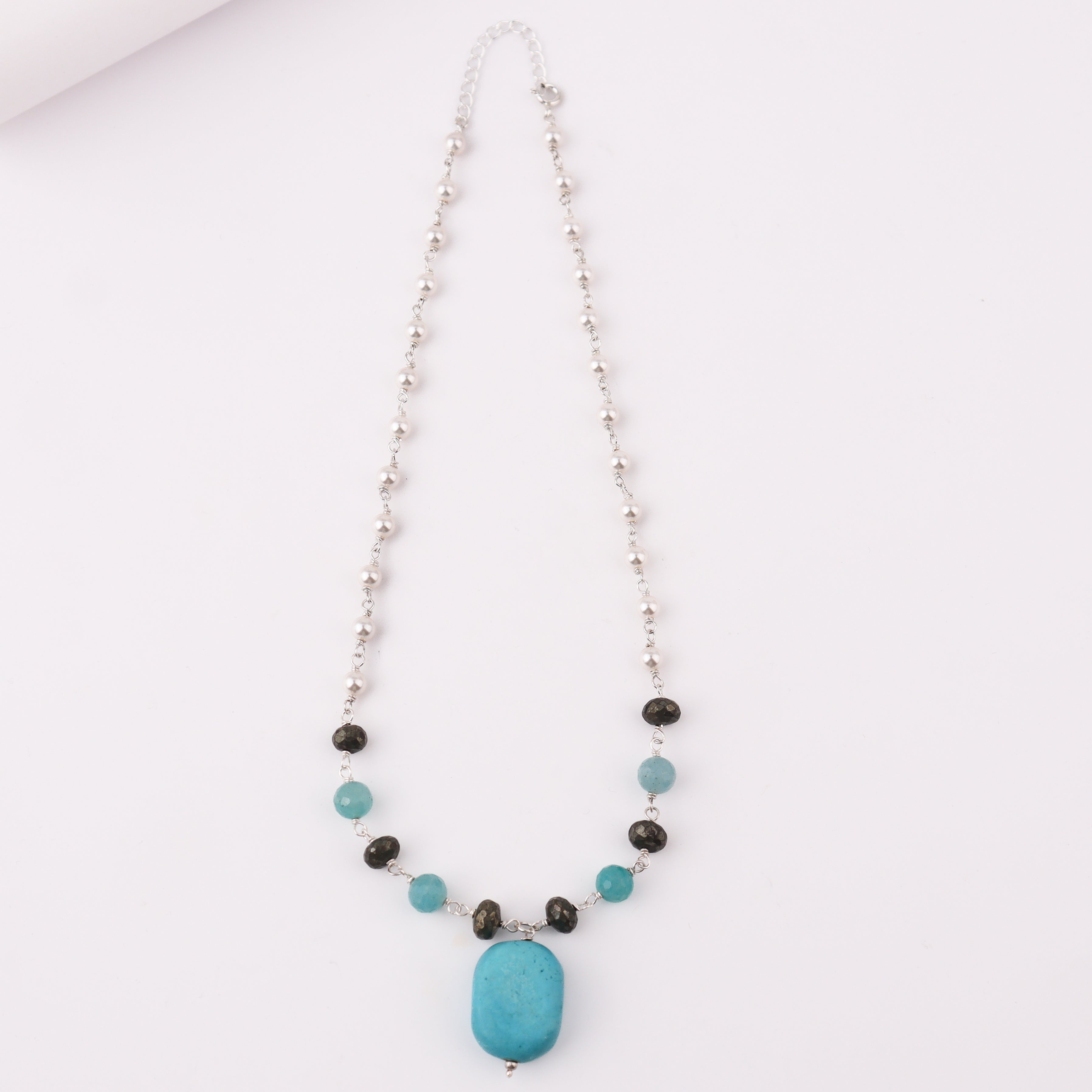 Silver Pearl Ganthan Necklace with Pyrite and Terquoise