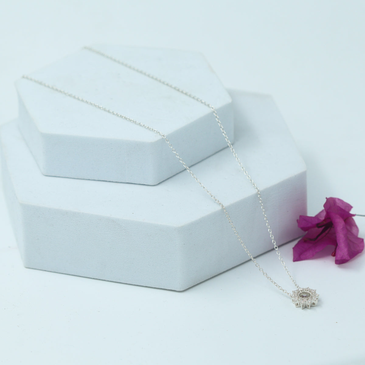 Silver CZ Sunburst Pendant Necklace