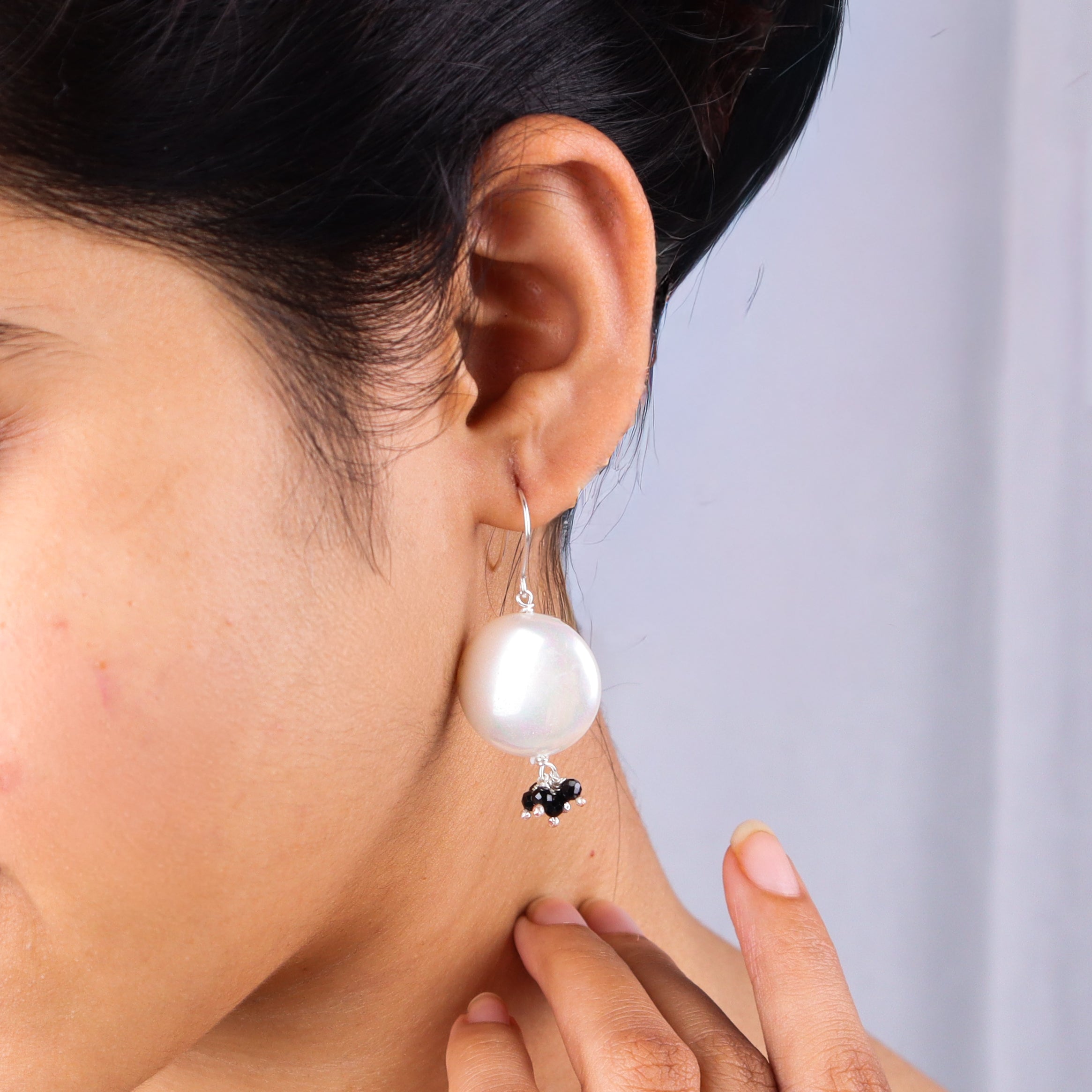 Coin Pearl Earrings with Black Spinels
