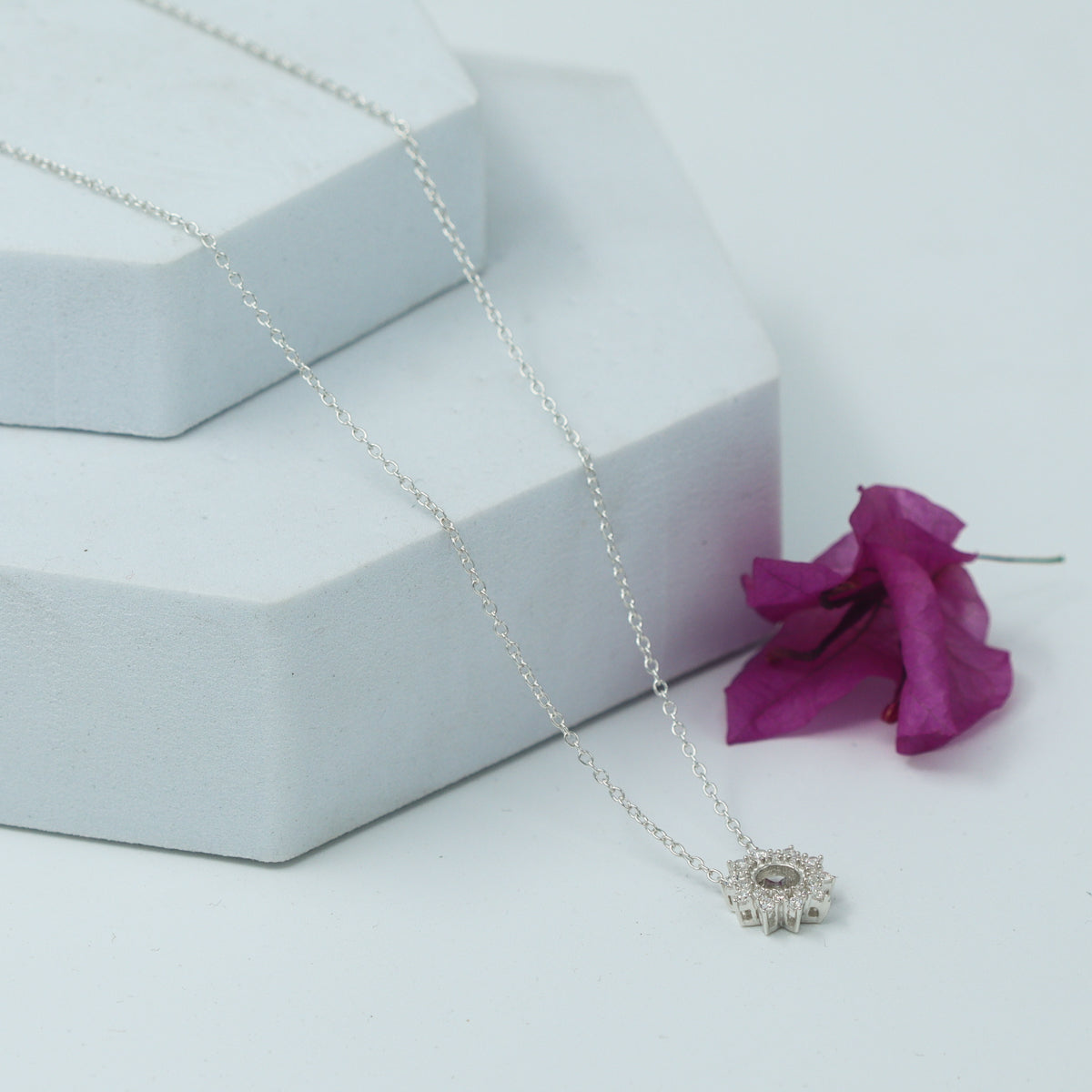 Silver CZ Sunburst Pendant Necklace
