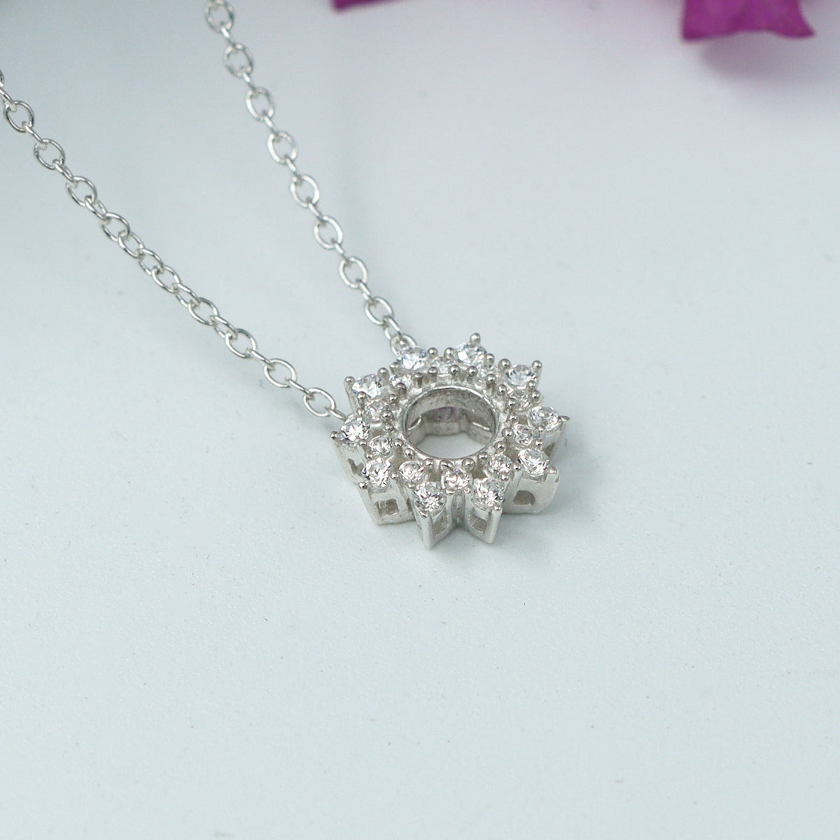 Silver CZ Sunburst Pendant Necklace