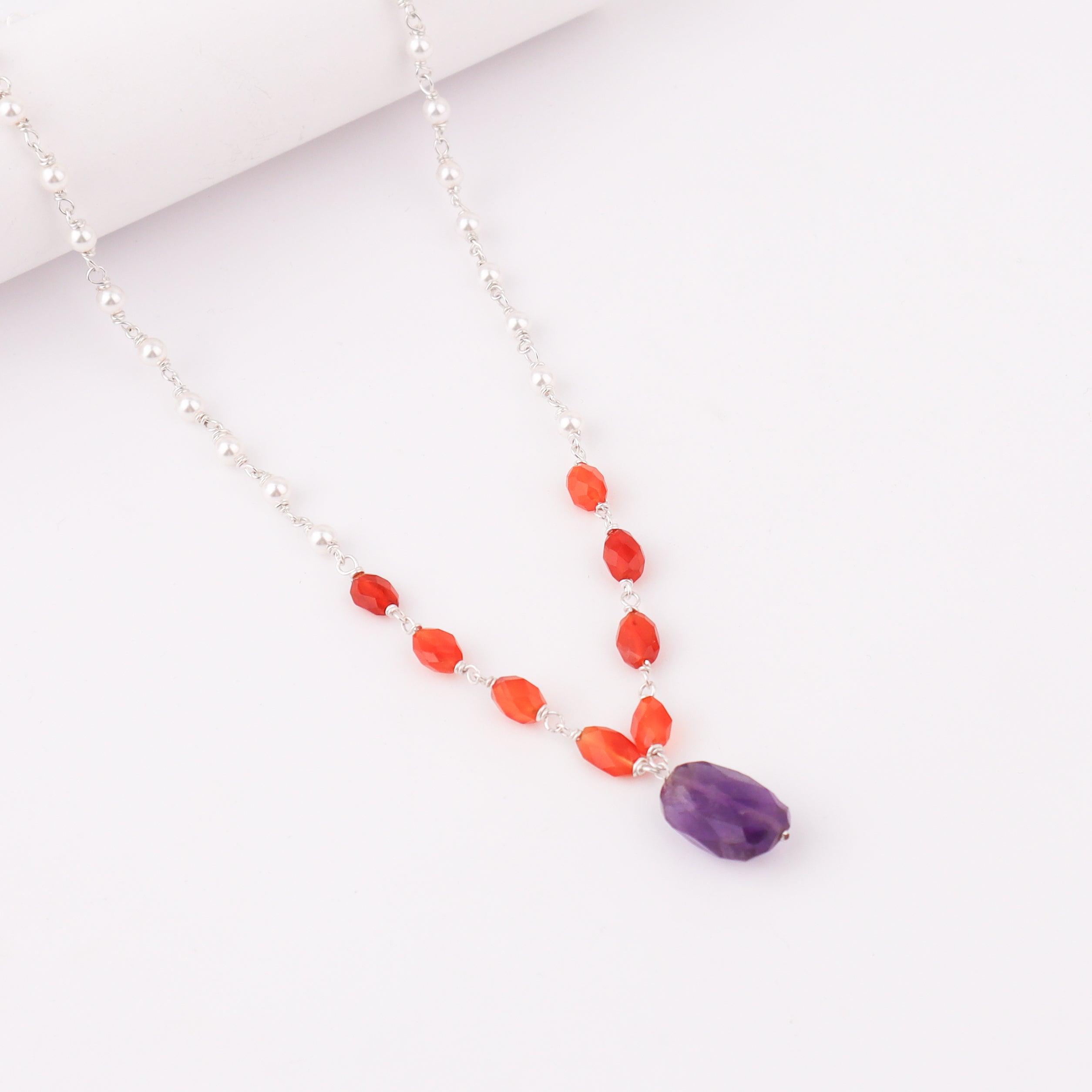 Silver Pearl Ganthan Necklace with Amethyst and Carnelian
