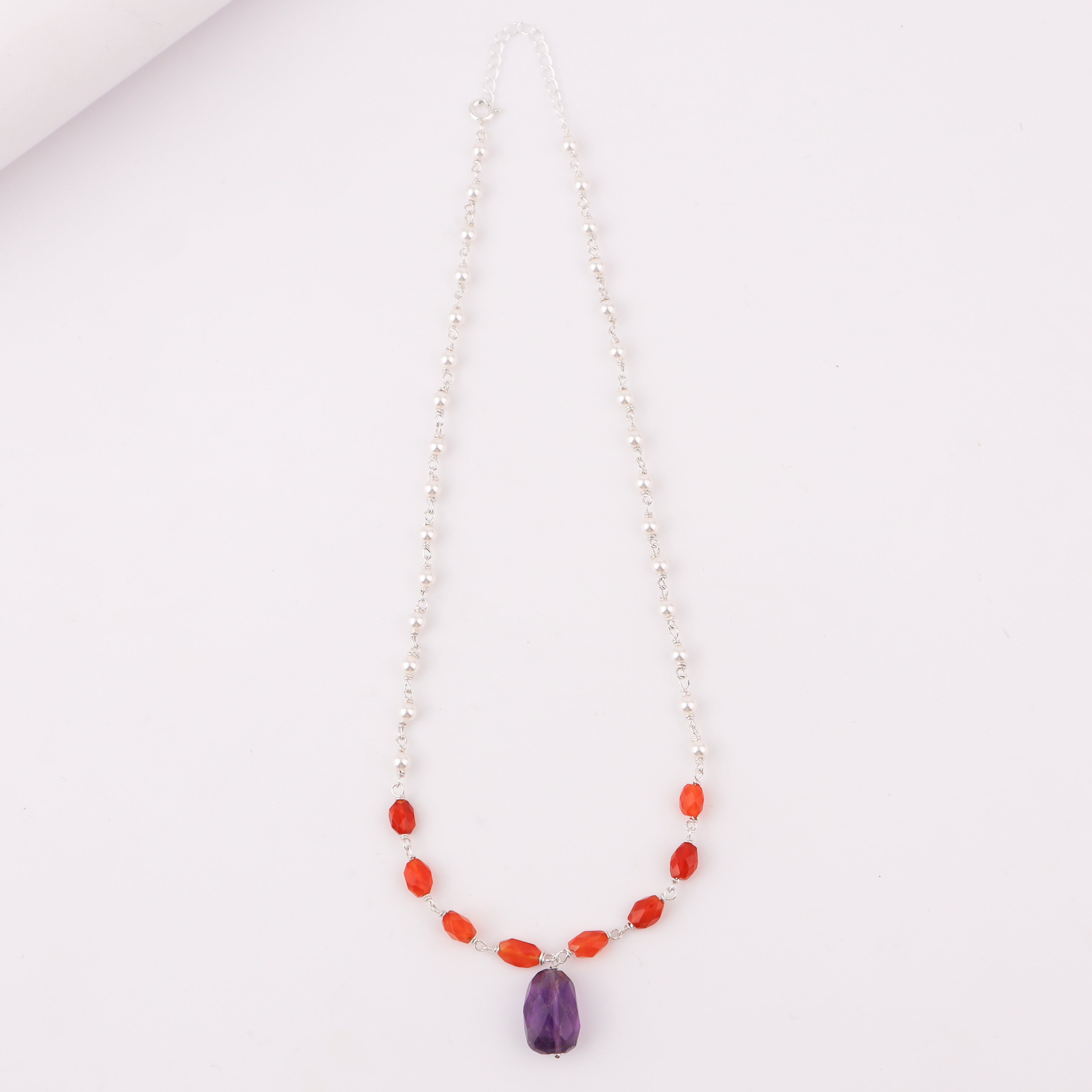 Silver Pearl Ganthan Necklace with Amethyst and Carnelian