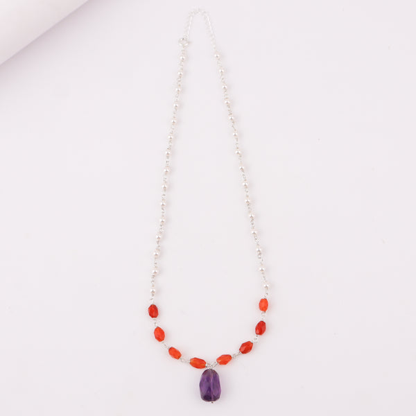 Silver Pearl Ganthan Necklace with Amethyst and Carnelian