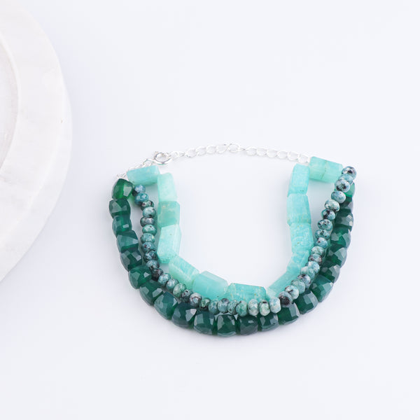 Green Onyx, Green Jade & Amazonite Silver Bracelet (Project Handmade)