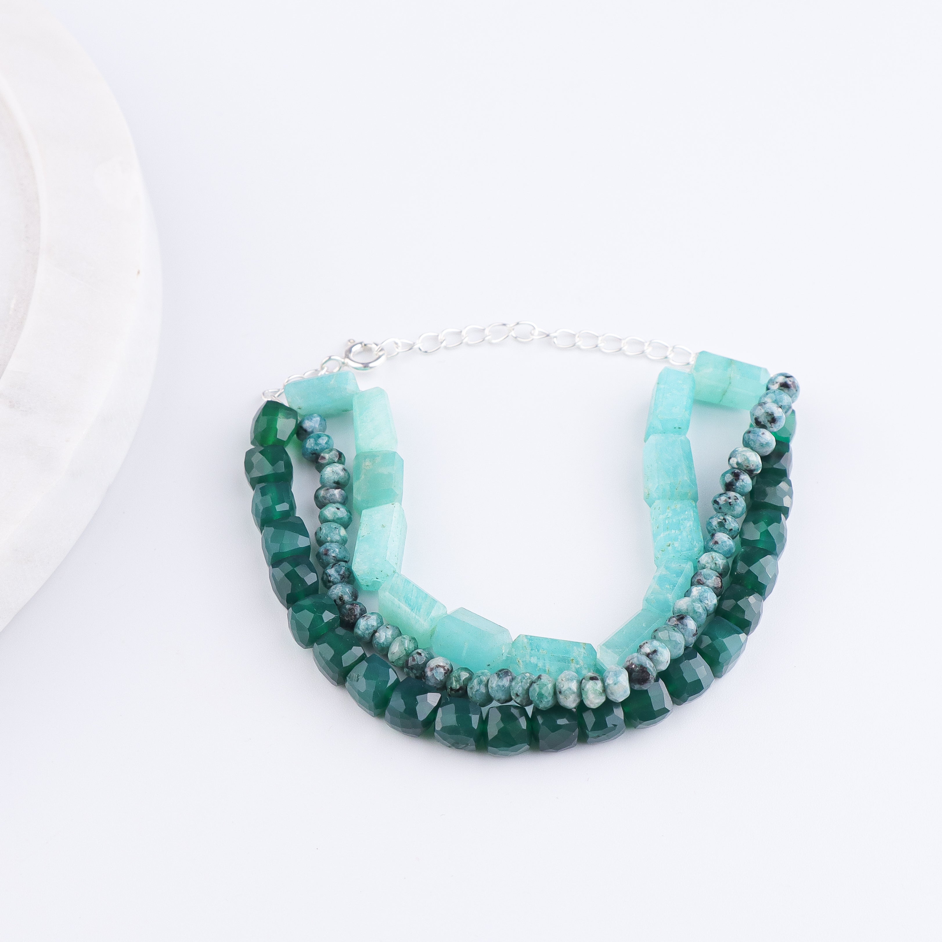 Green Onyx, Green Jade & Amazonite Silver Bracelet (Project Handmade)