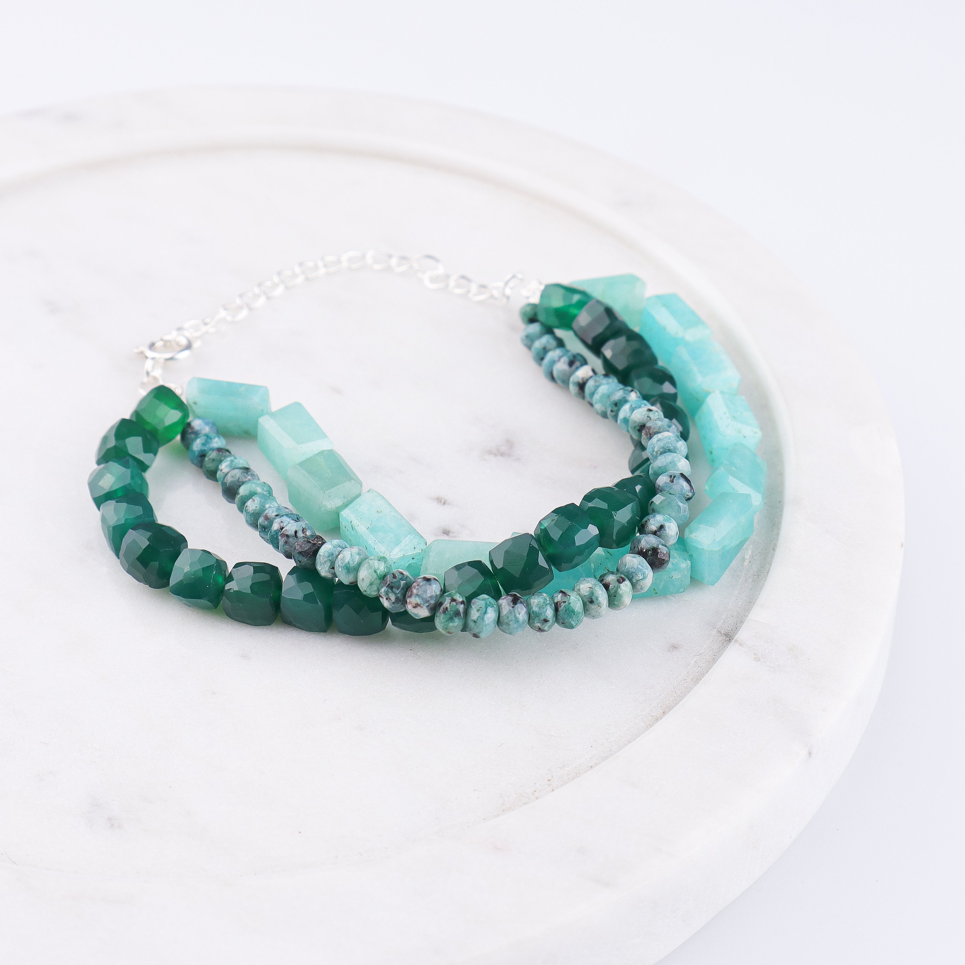 Green Onyx, Green Jade & Amazonite Silver Bracelet (Project Handmade)