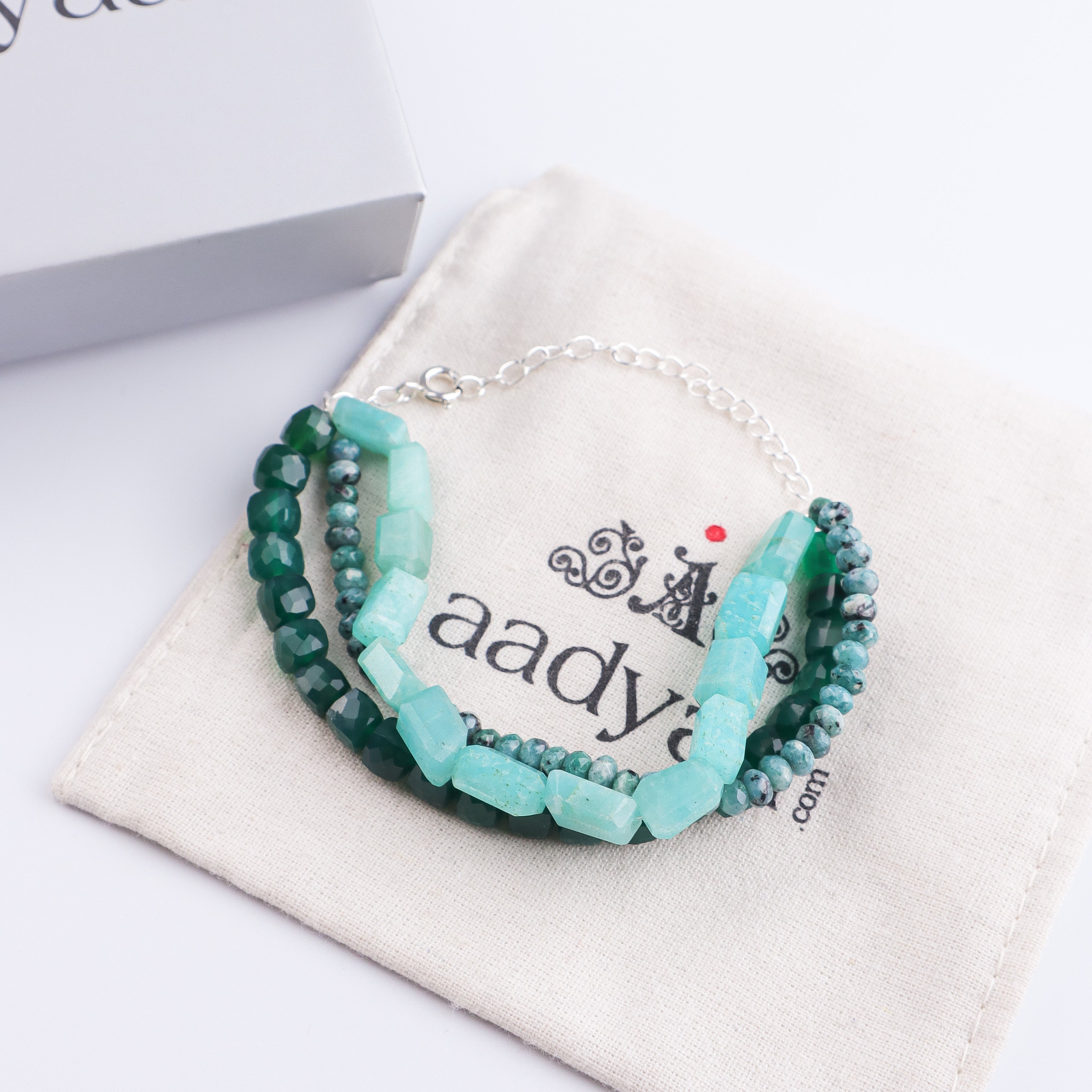 Green Onyx, Green Jade & Amazonite Silver Bracelet (Project Handmade)
