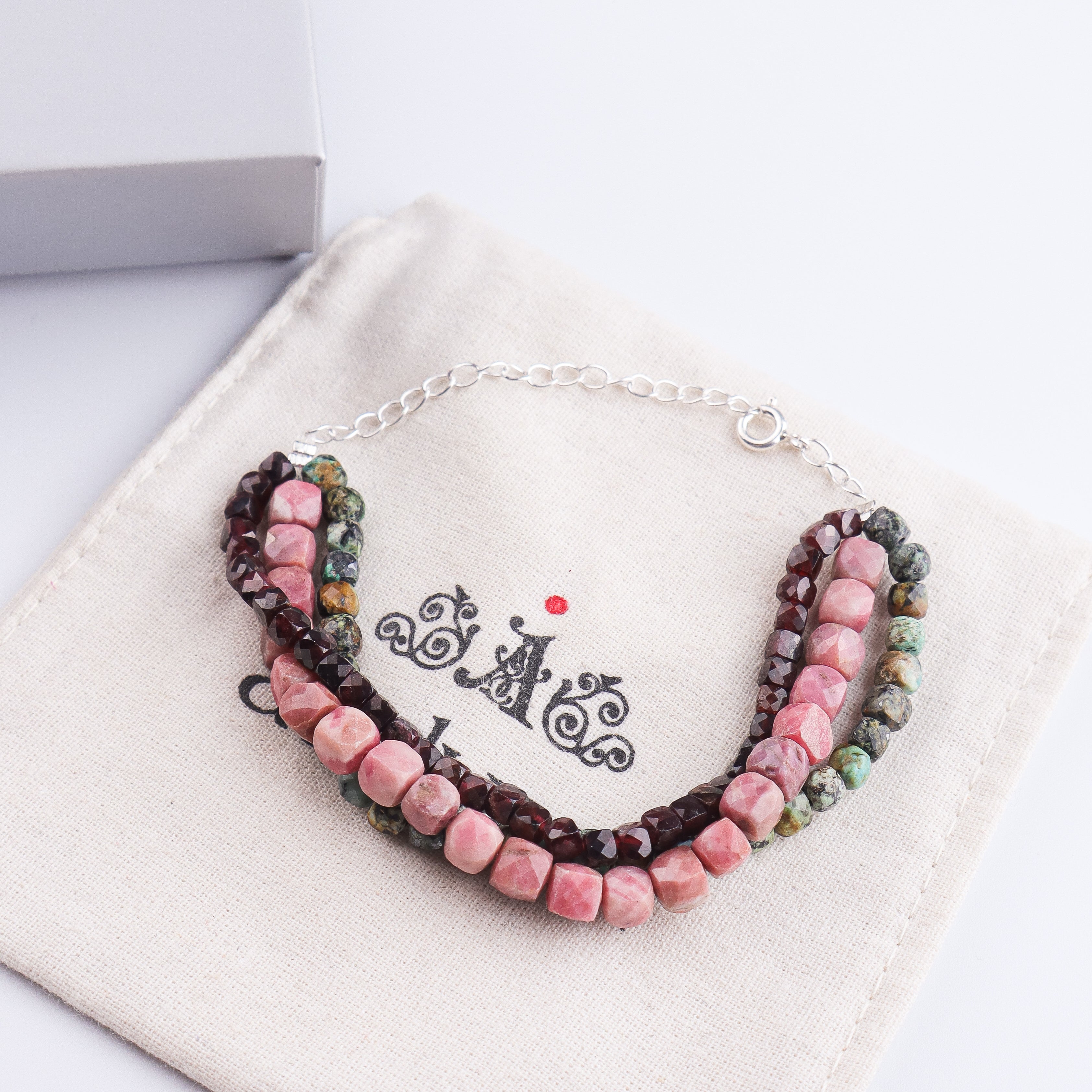 Rose Quartz, Garnet & Firoza Silver Bracelet (Project Handmade)