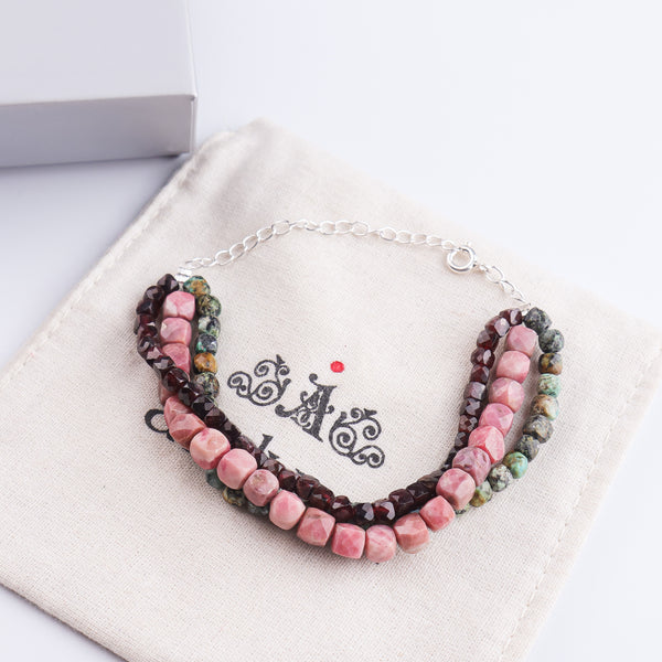 Rose Quartz, Garnet & Firoza Silver Bracelet (Project Handmade)