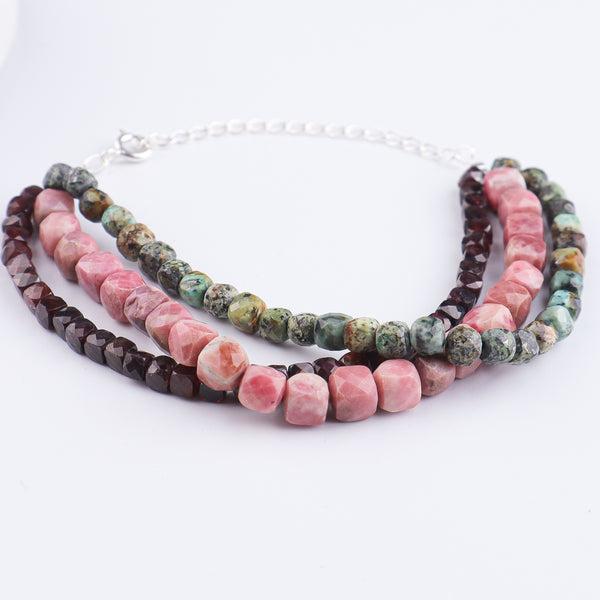 Rose Quartz, Garnet & Firoza Silver Bracelet (Project Handmade)