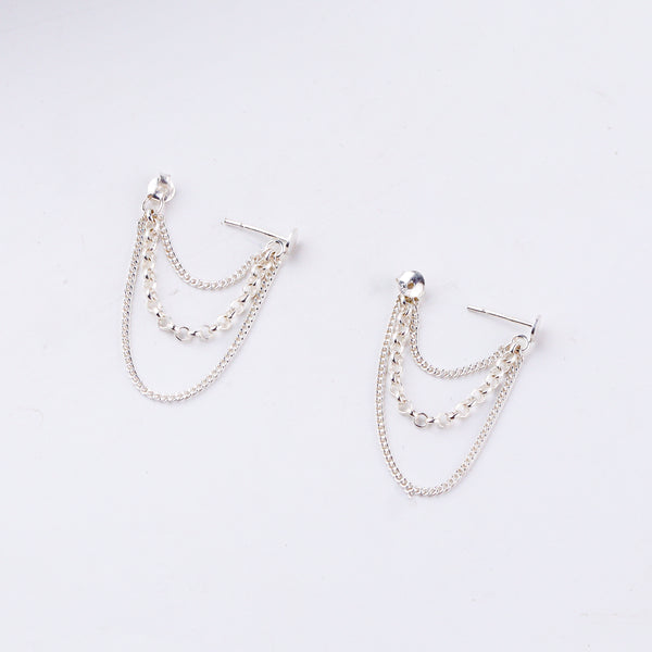 Silver three layer chain trinket earrings in 92.5 sterling silver