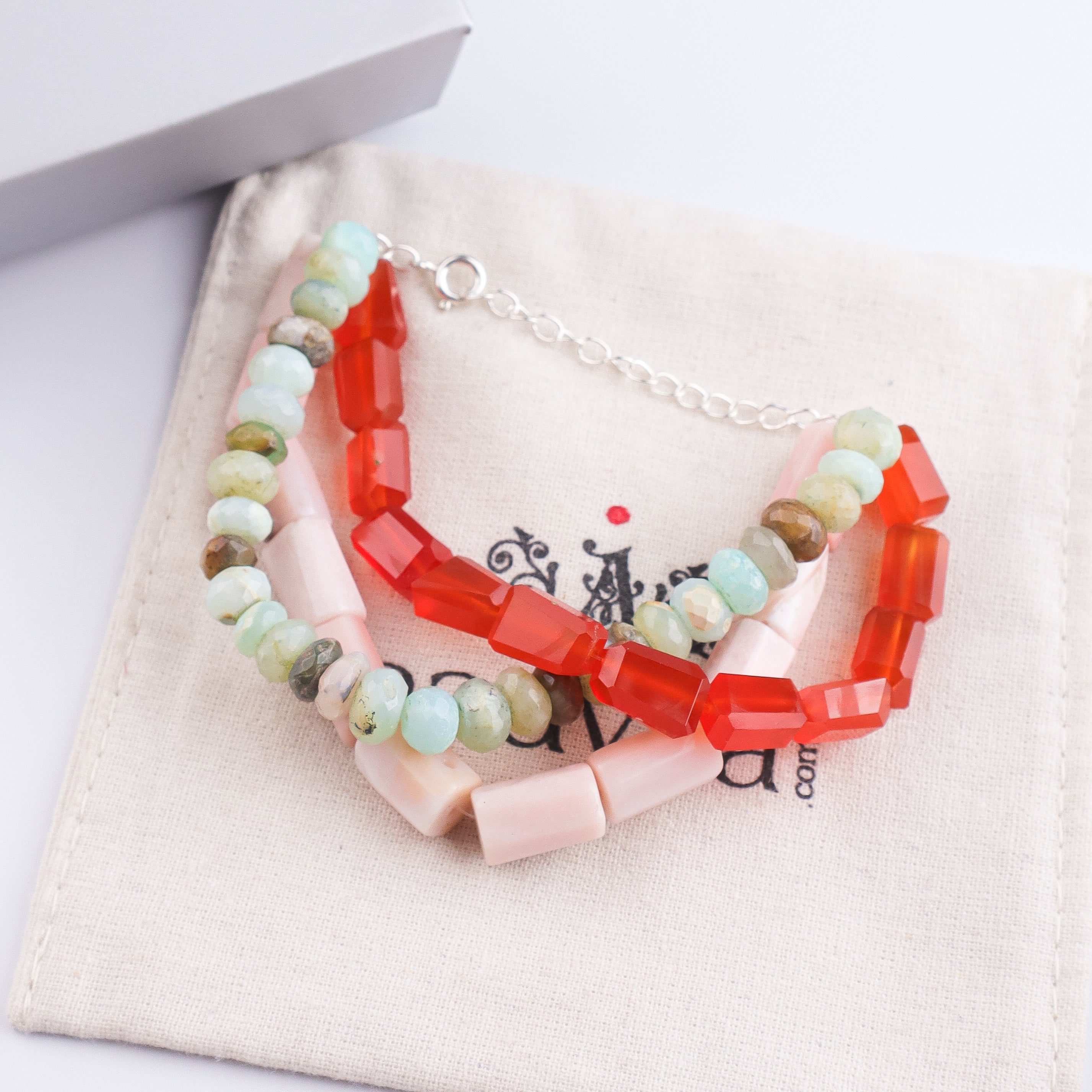 Carnelian, Pink & Blue Opal Silver Bracelet (Project Handmade)