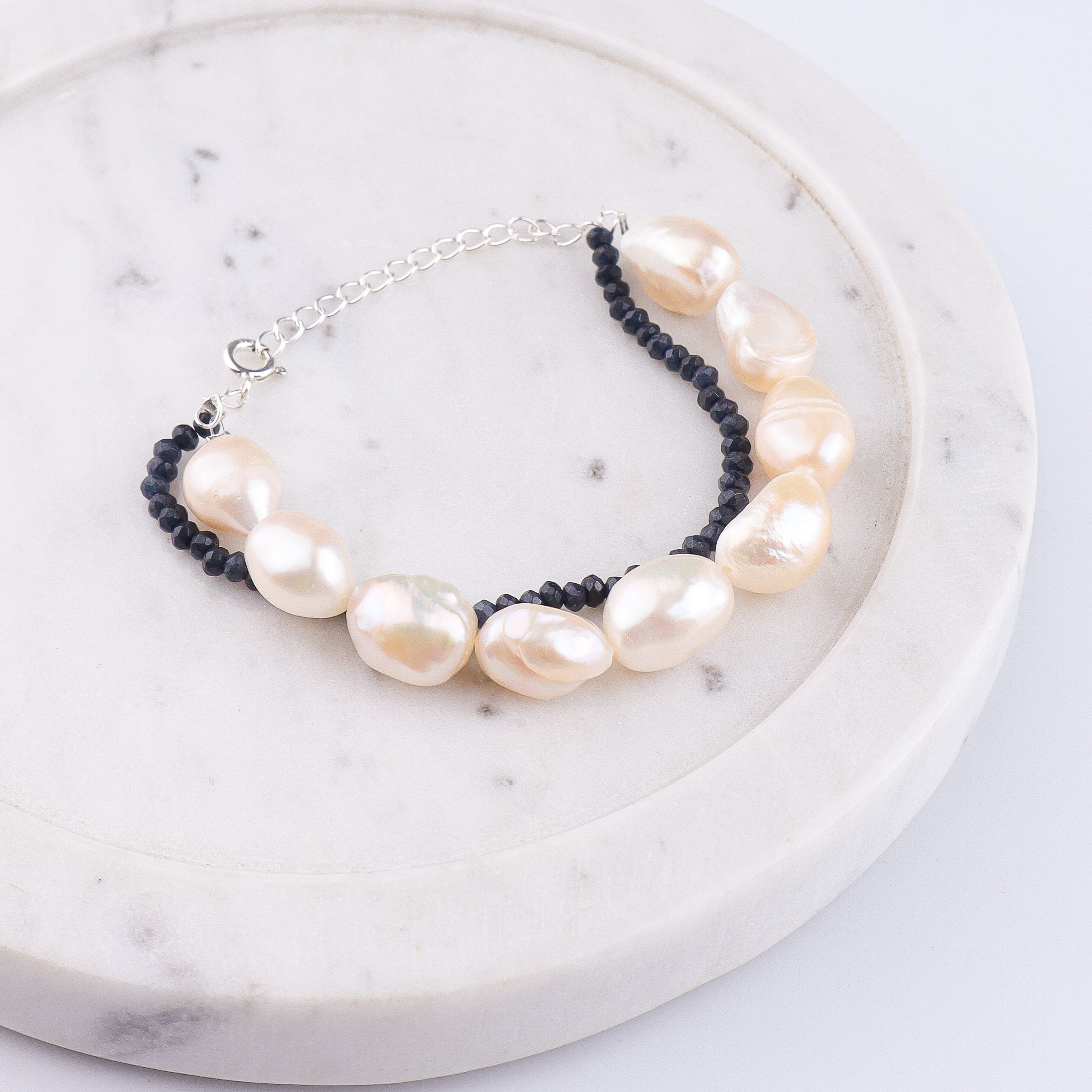 Freshwater Pearl & Blue Jade Silver Bracelet (Project Handmade)